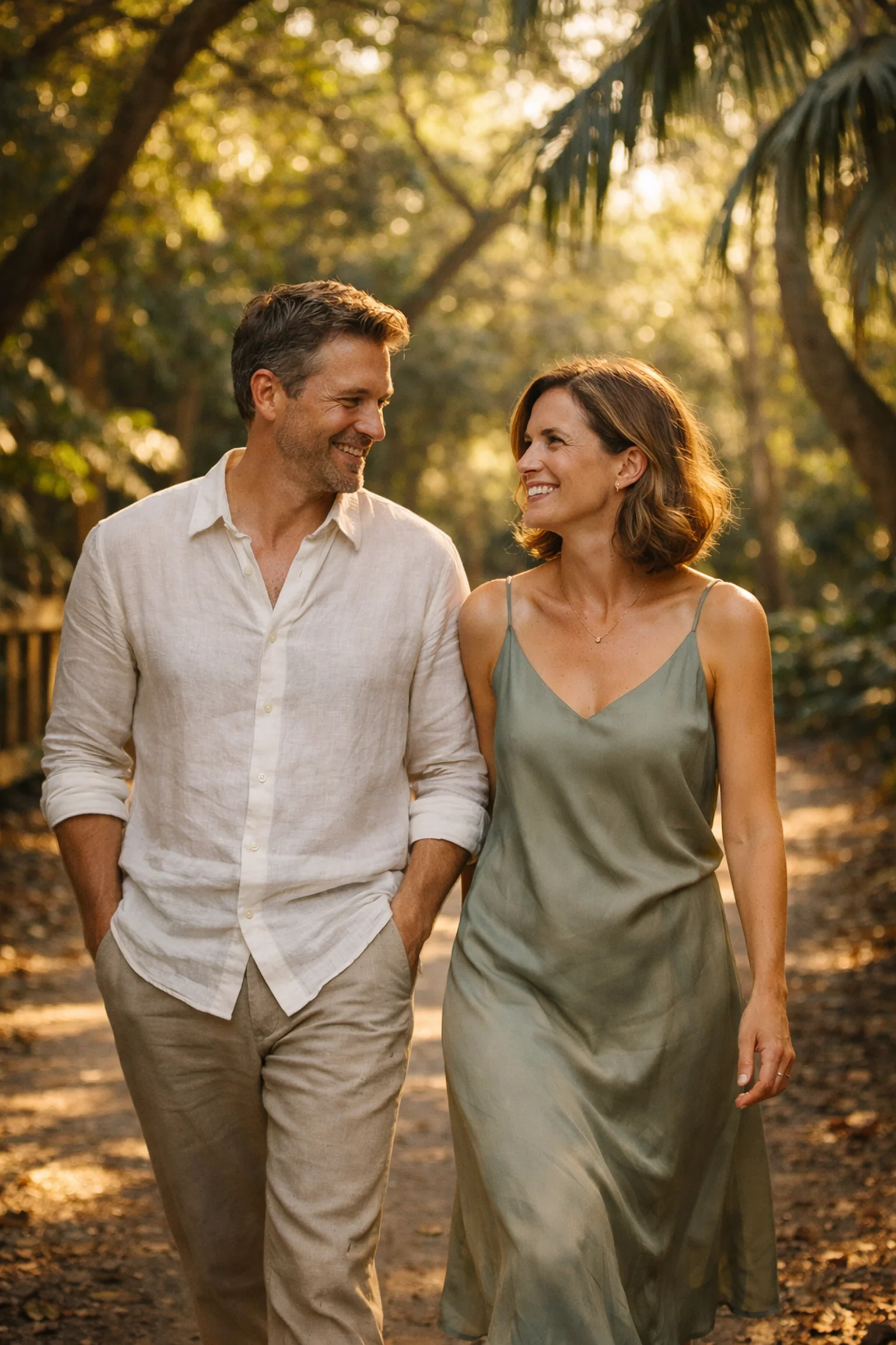 Professional couple enjoying a private walk in Coconut Grove, representing authentic connection and private matchmaking in Miami.