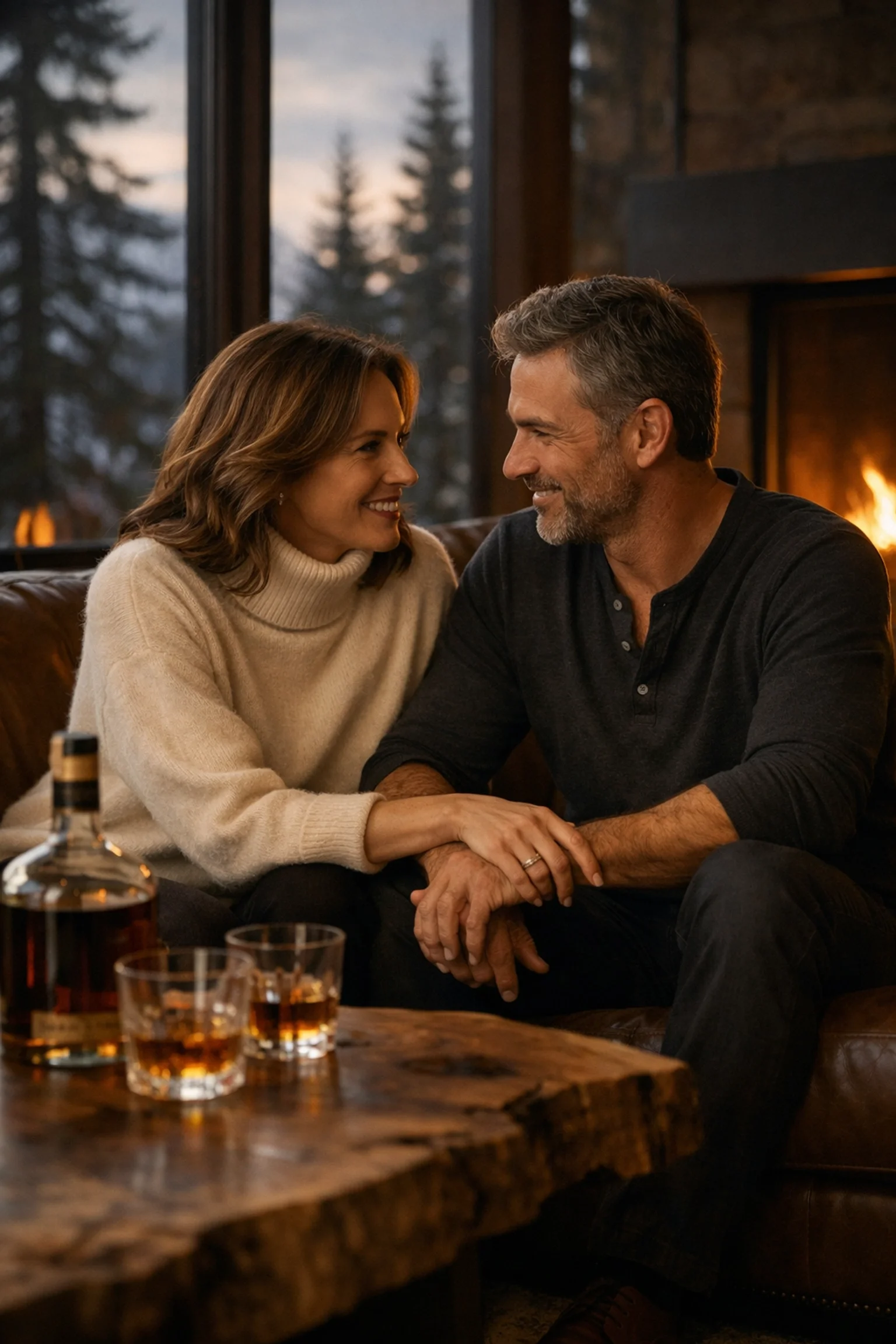 Couple set up by matchmaker that are falling in love by the fire