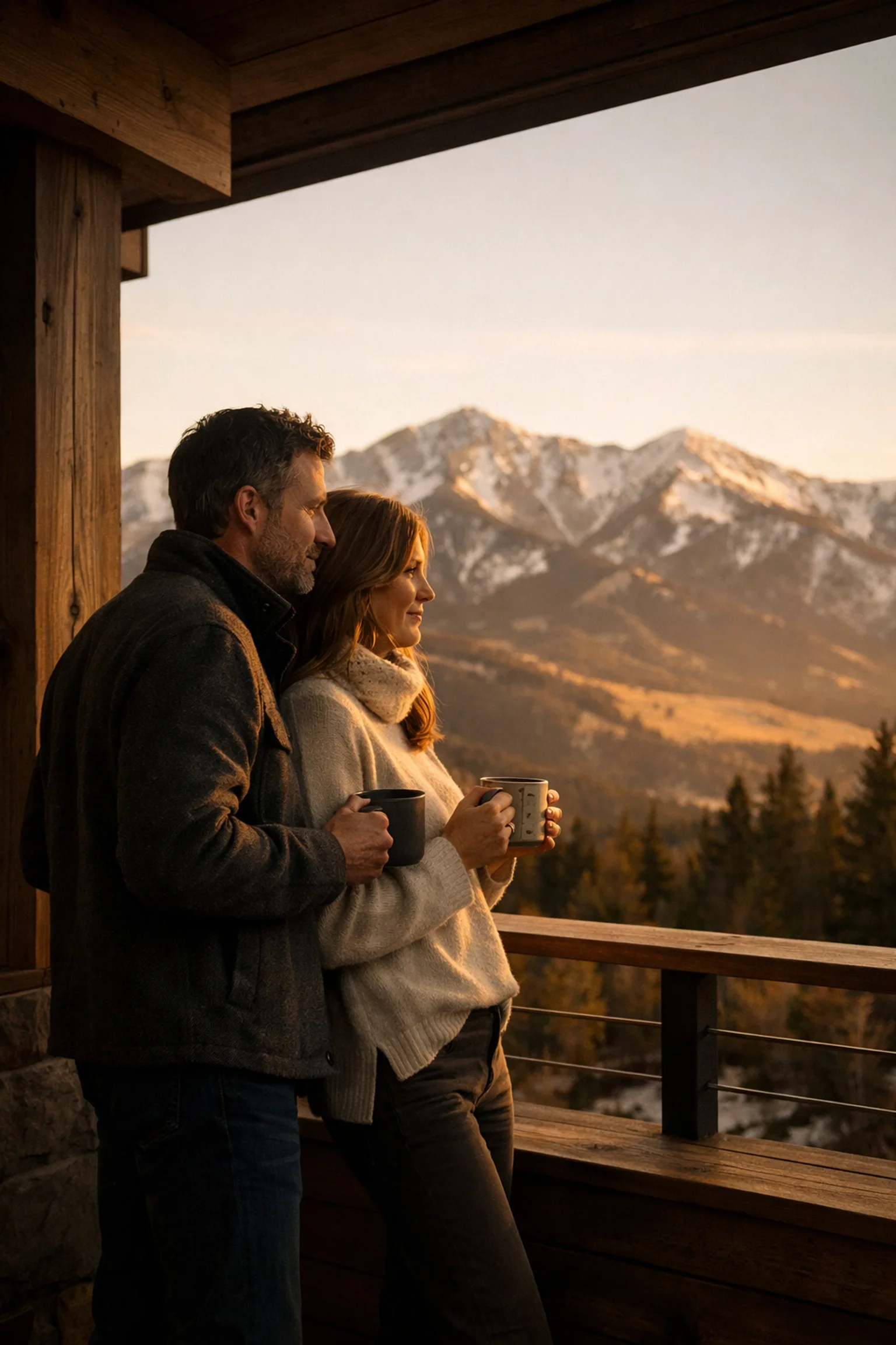 Couple enjoying coffee together in the Big Sky Montana springtime