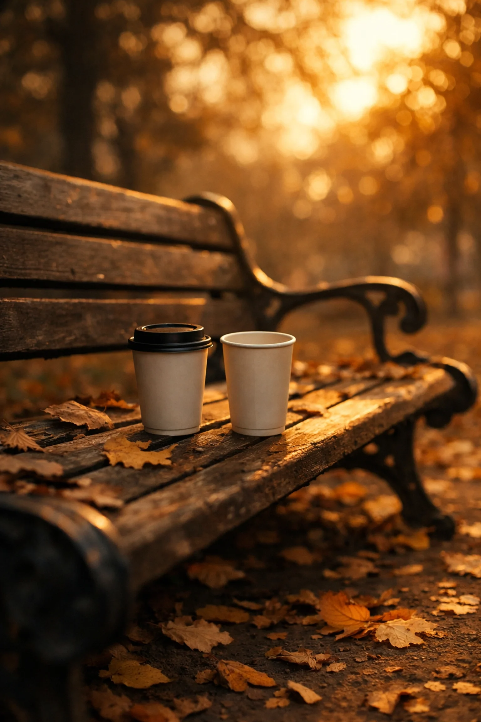 Empty park bench with two coffee cups symbolizing missed romantic opportunities and the cost of waiting for love to happen.
