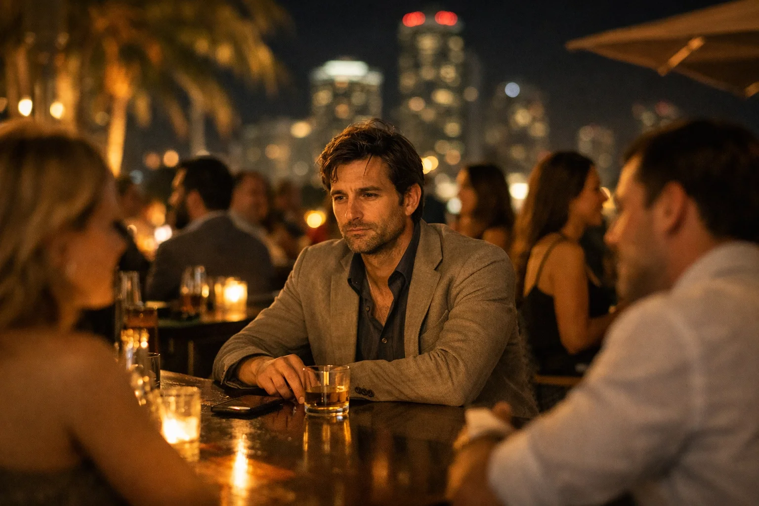 Professional feeling isolated at a crowded Miami rooftop bar, highlighting the need for intentional dating in Brickell and South Beach.