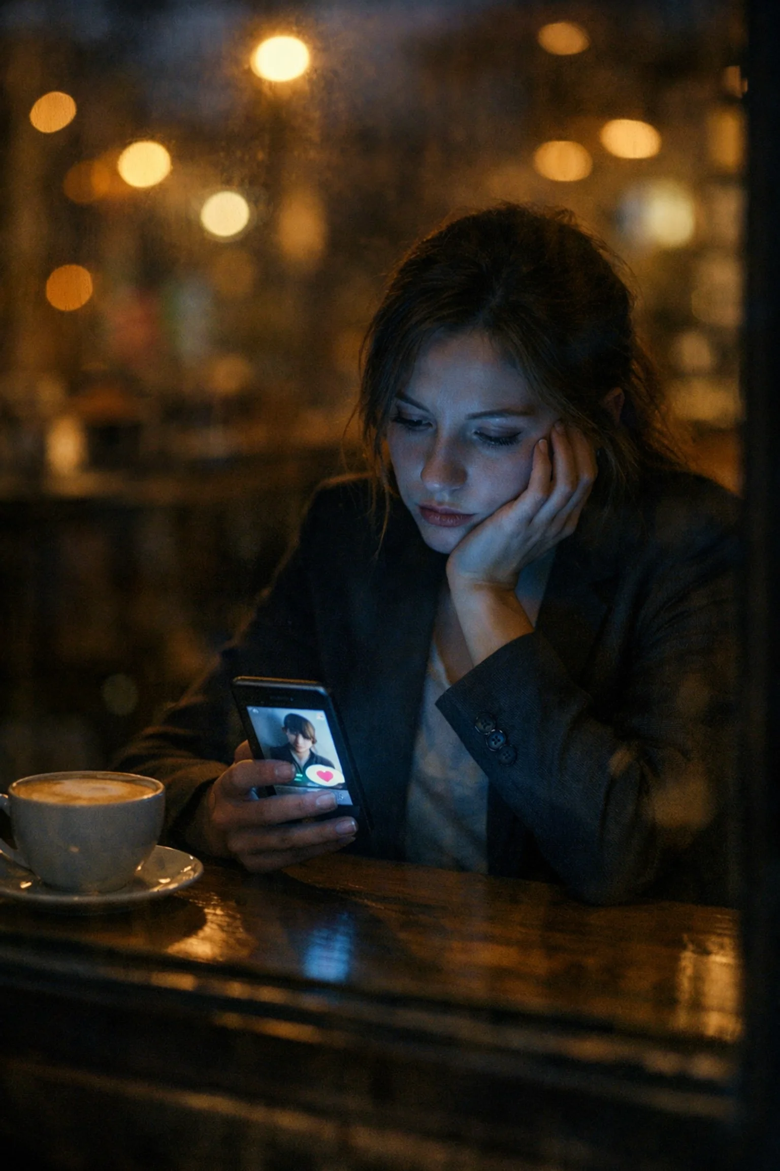 Woman heartbroken that she is still swiping on dating apps.