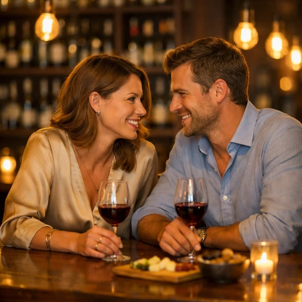 Relationship-ready couple having an intentional, deep conversation on a date at a wine bar.