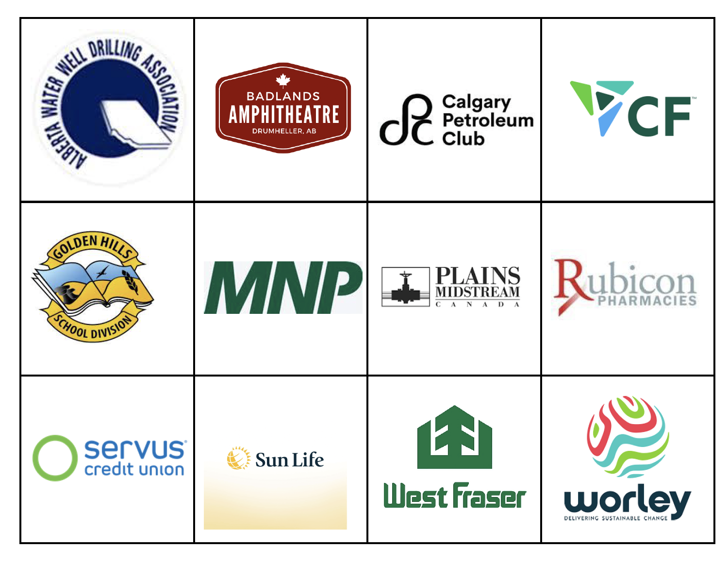 Grid of 12 logos for various organizations and companies, including Alberta Water Well Drilling Association, Badlands Amphitheatre, Calgary Petroleum Club, CCF, Golden Hills School Division, MNP, Plains Midstream Canada, Rubicon Pharmacies, Servus Credit Union, Sun Life, West Fraser, and Worley.