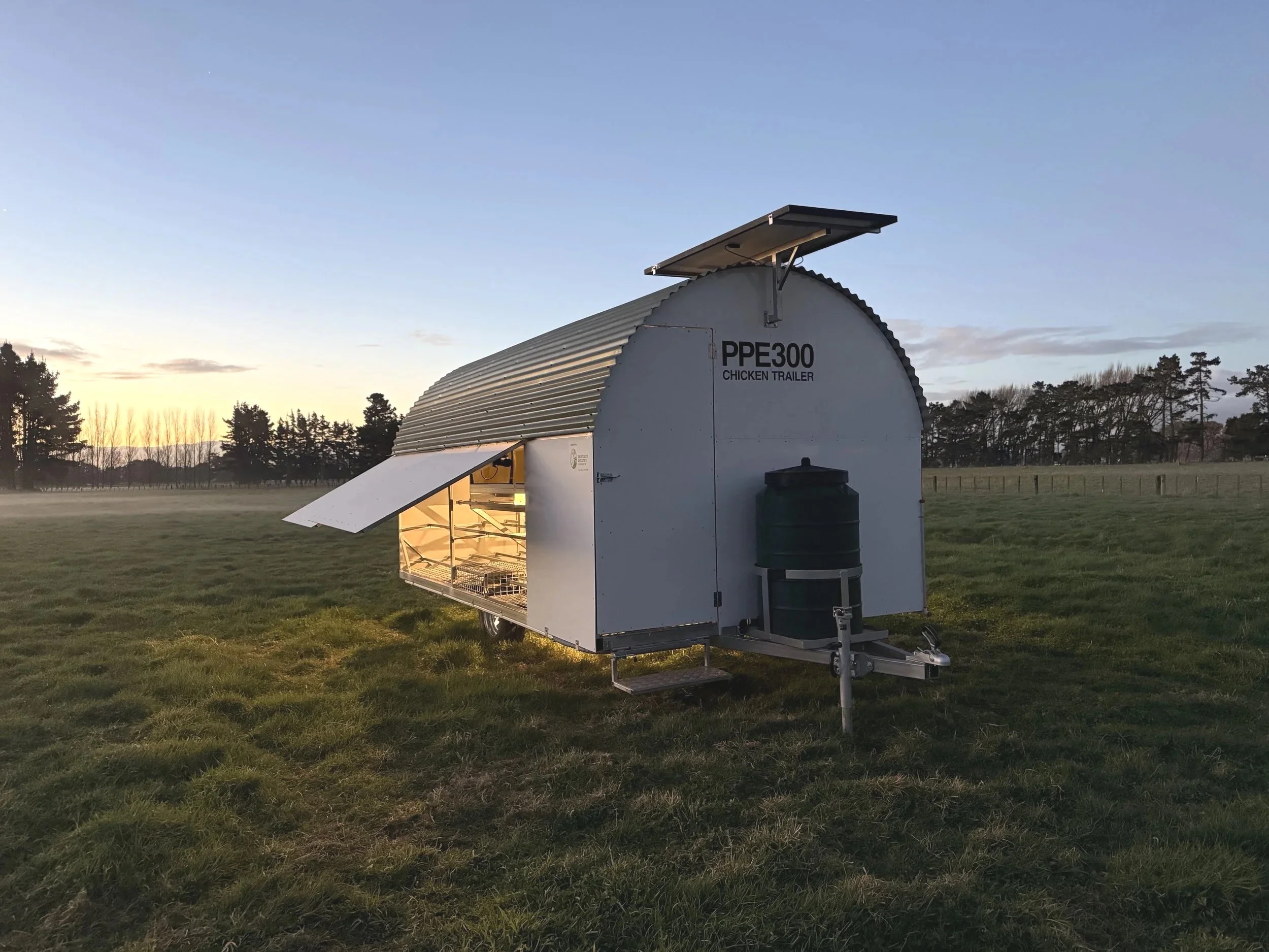 PPE300 at dusk doors open, showing solar panel