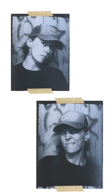 Black and white photo of a woman wearing a cap, with a serious expression in the first image and smiling in the second.
