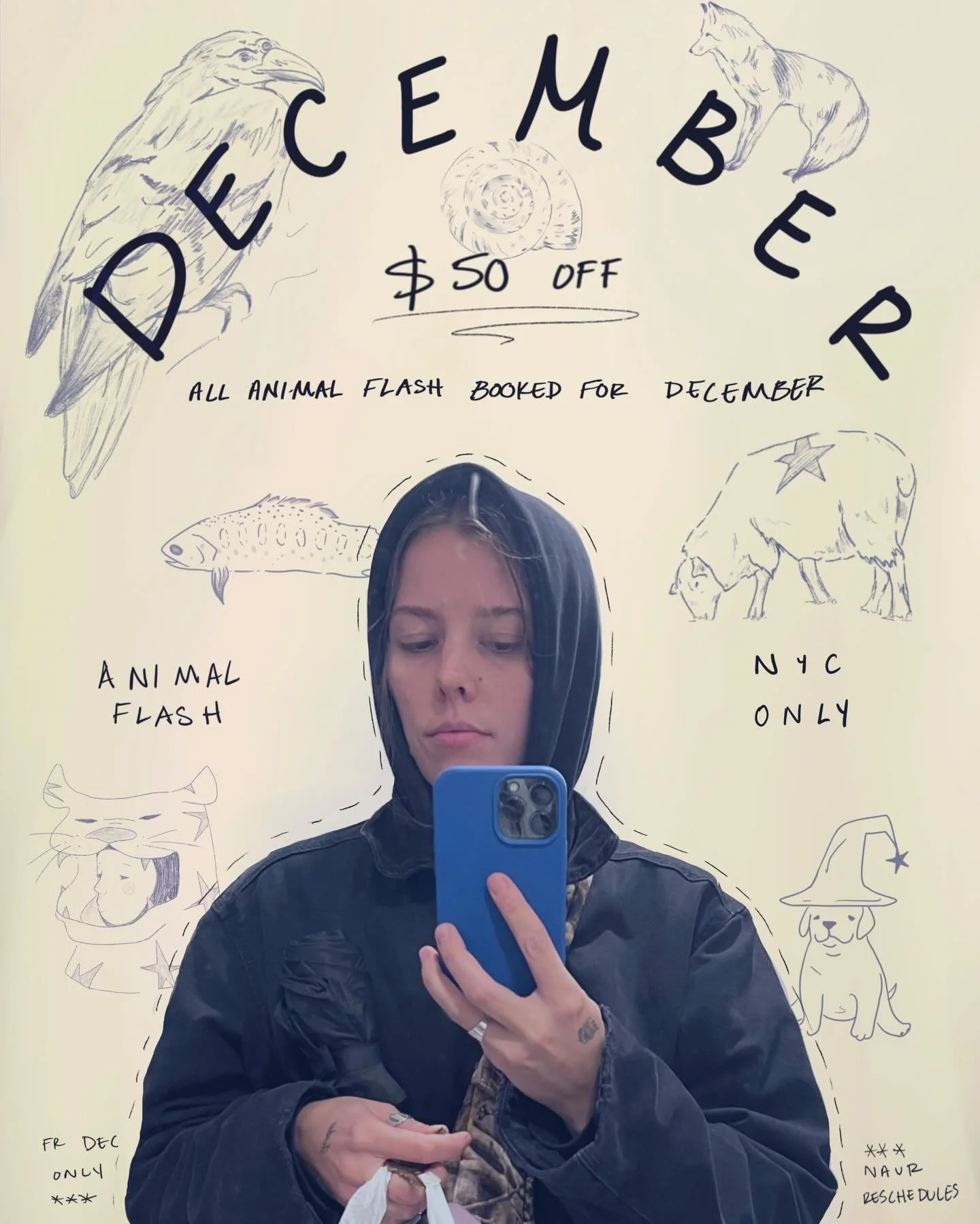 $50 off any animal flash booked in NYC for the month of December! 

I wanna tattoo my animal flash! You want an animal flash tattoo! Boom! Boom! 🤝

This is only applicable to animal flash booked in the month of December in NYC. Sadly discount will b