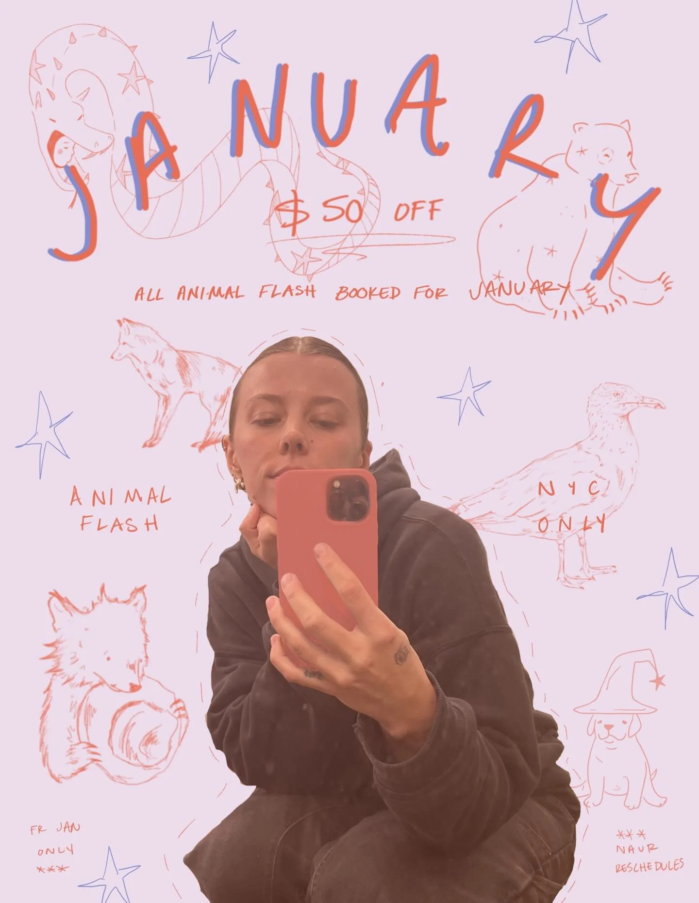 so the cute thing about me doing this is December is I wasn&rsquo;t really super in NY and that&rsquo;s sorta happening in January so let&rsquo;s just stretch this right out shall we? 

$50 off any animal flash booked in NYC for the month of January!