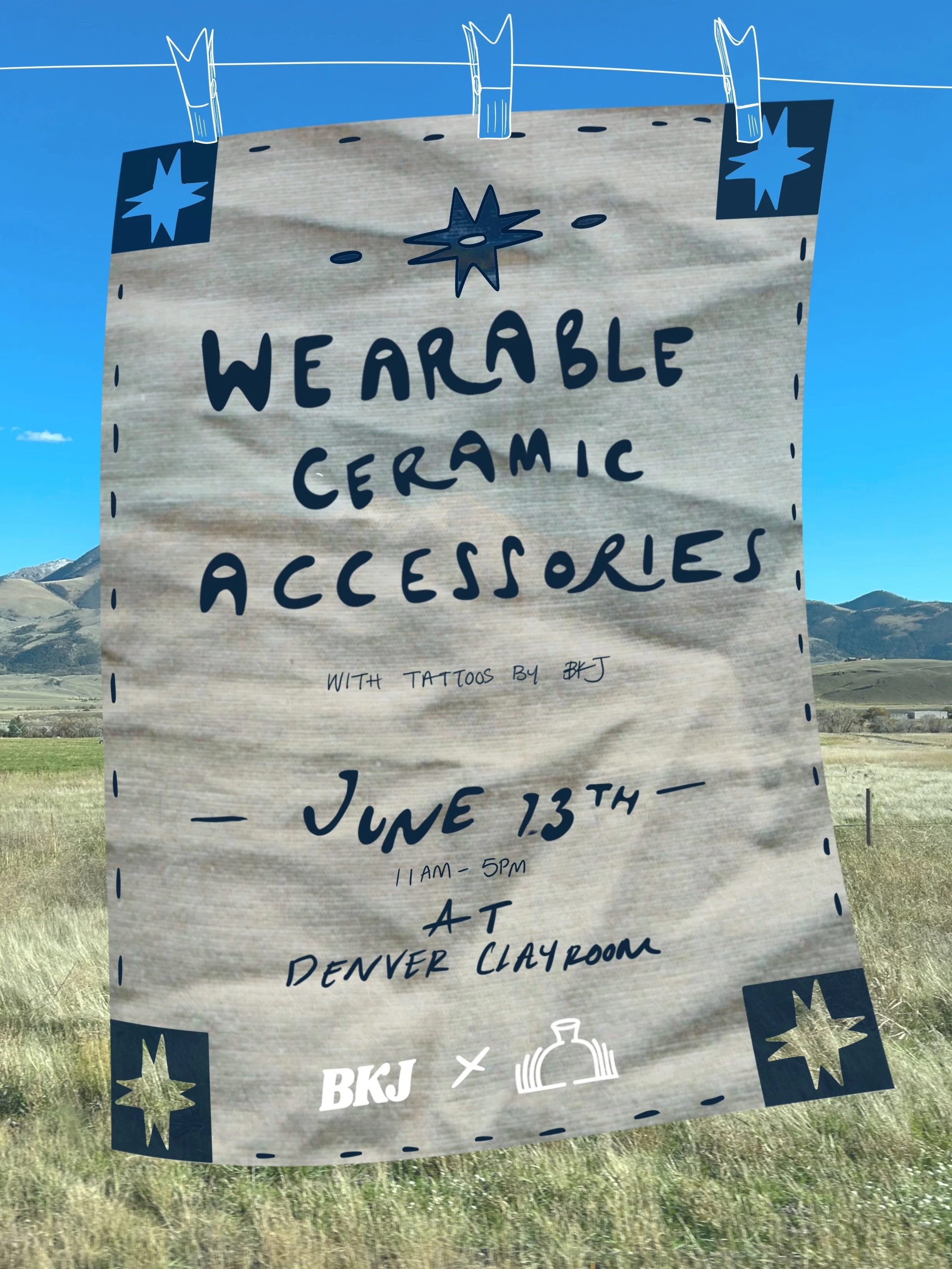 🌟 BKJ x Denver Clayroom | Sat June 13 | 11-5pm 🌟

Get ready for a day of ceramic wearable accessories and flash at Denver Clayroom! Make your own porcelain wearables, get tattooed, or both.

The workshop ($50): Choose your adventure &mdash; buttons