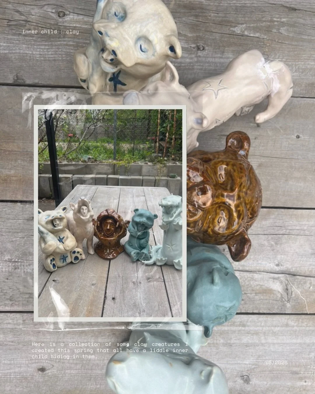 Here is a collection of some clay creatures I created this spring that all have a liddle inner child hiding in them 🌟

These were inspired by flash I drew last fall, and I thought it would be fun to turn them into something more physical rather than