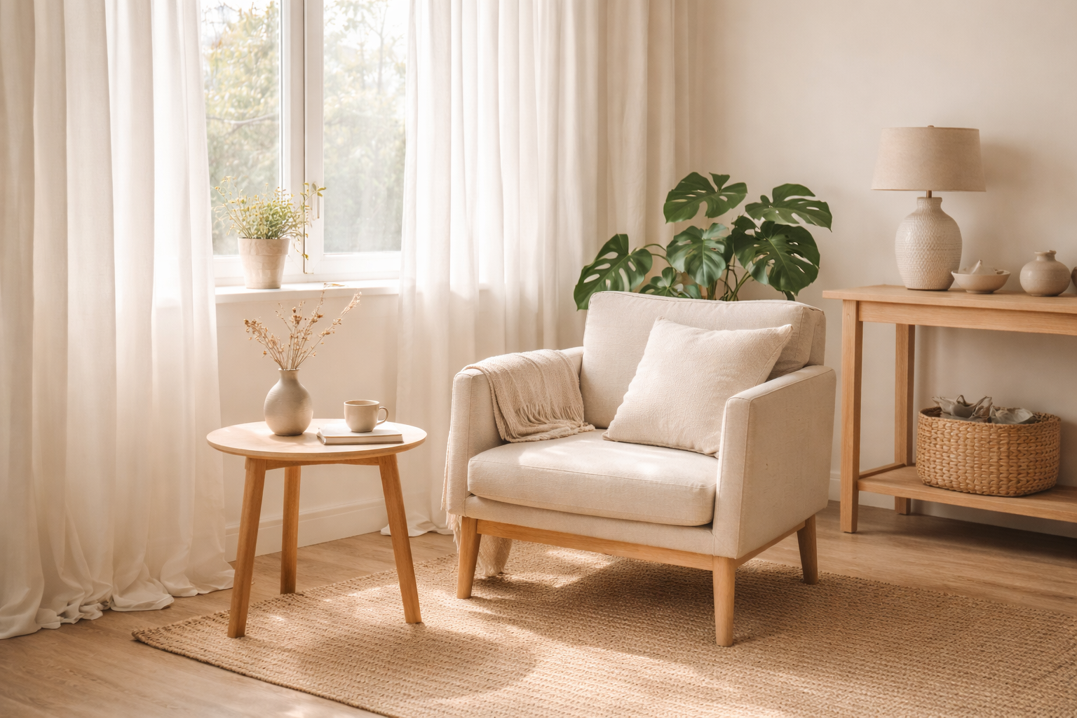 A cozy living room with a beige armchair, a small wooden side table with a vase and a cup, a wooden console table with a lamp, a potted plant, and decorative items, all arranged in front of a window with white curtains.