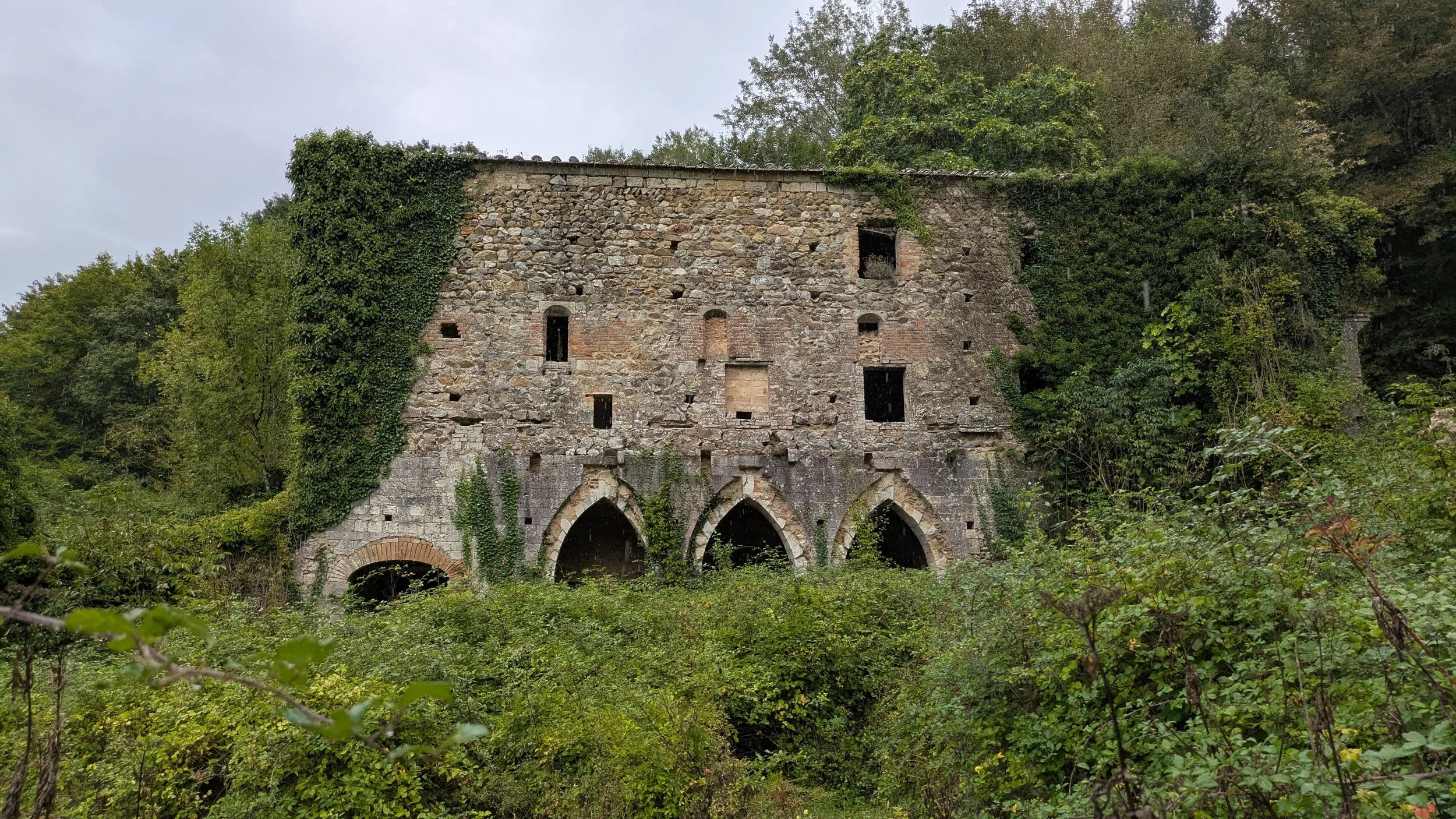 An old stone building with multiple small arched windows, partially covered with green ivy, surrounded by dense greenery and trees.