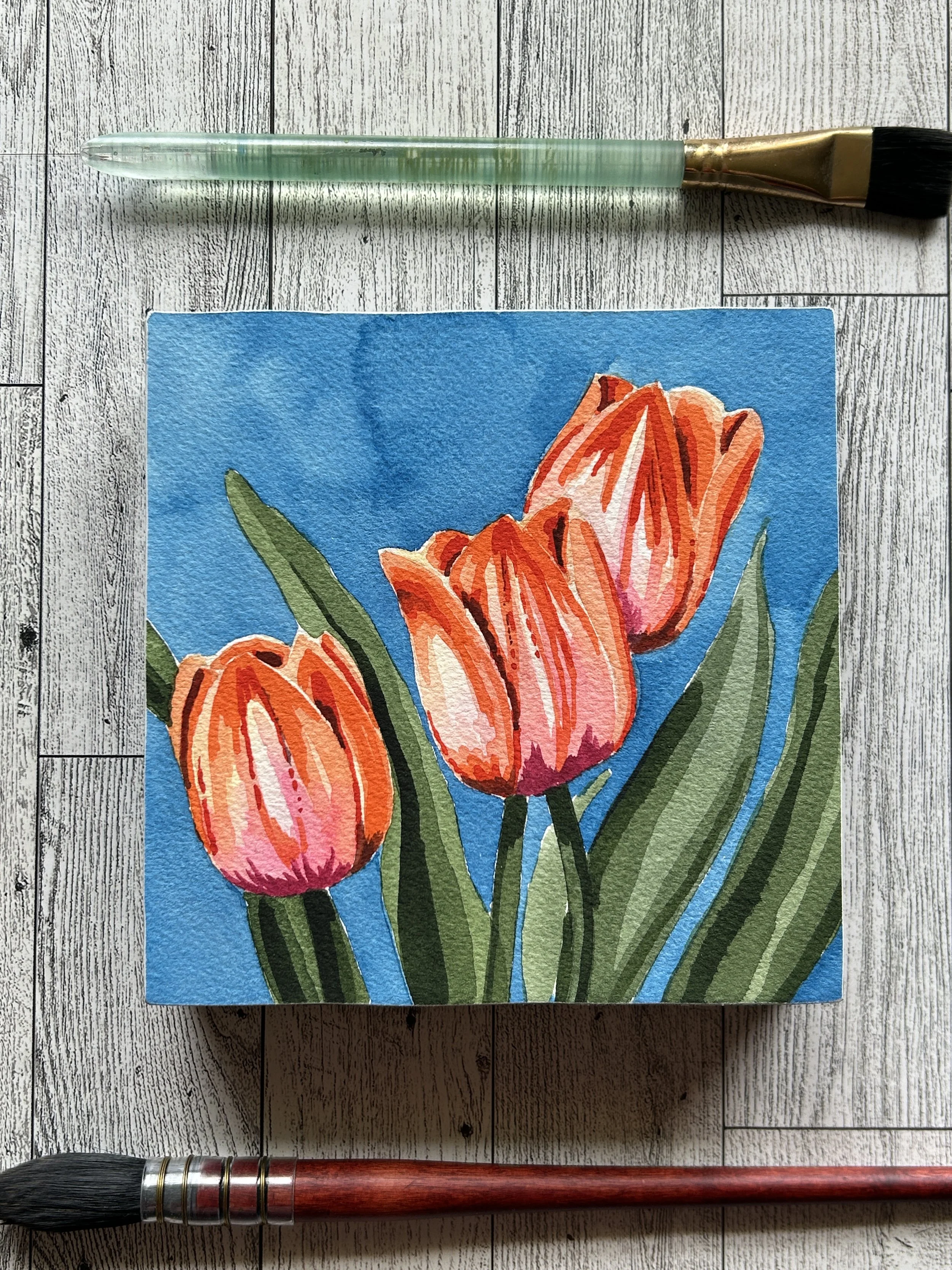 Orange Tulips Cottage Garden Shelfie Original Artwork