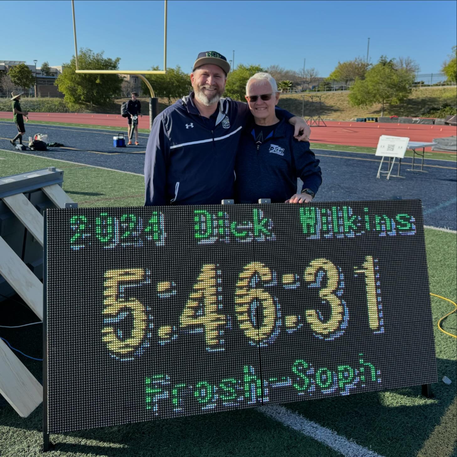Chris Ruff our program&rsquo;s founding head coach and Coach Wilkins, our meets namesake. Two Track Coaching legends at the Annual Dick Wilkins Frosh Soph Invitational. Truly the meet of future champions 💙💚