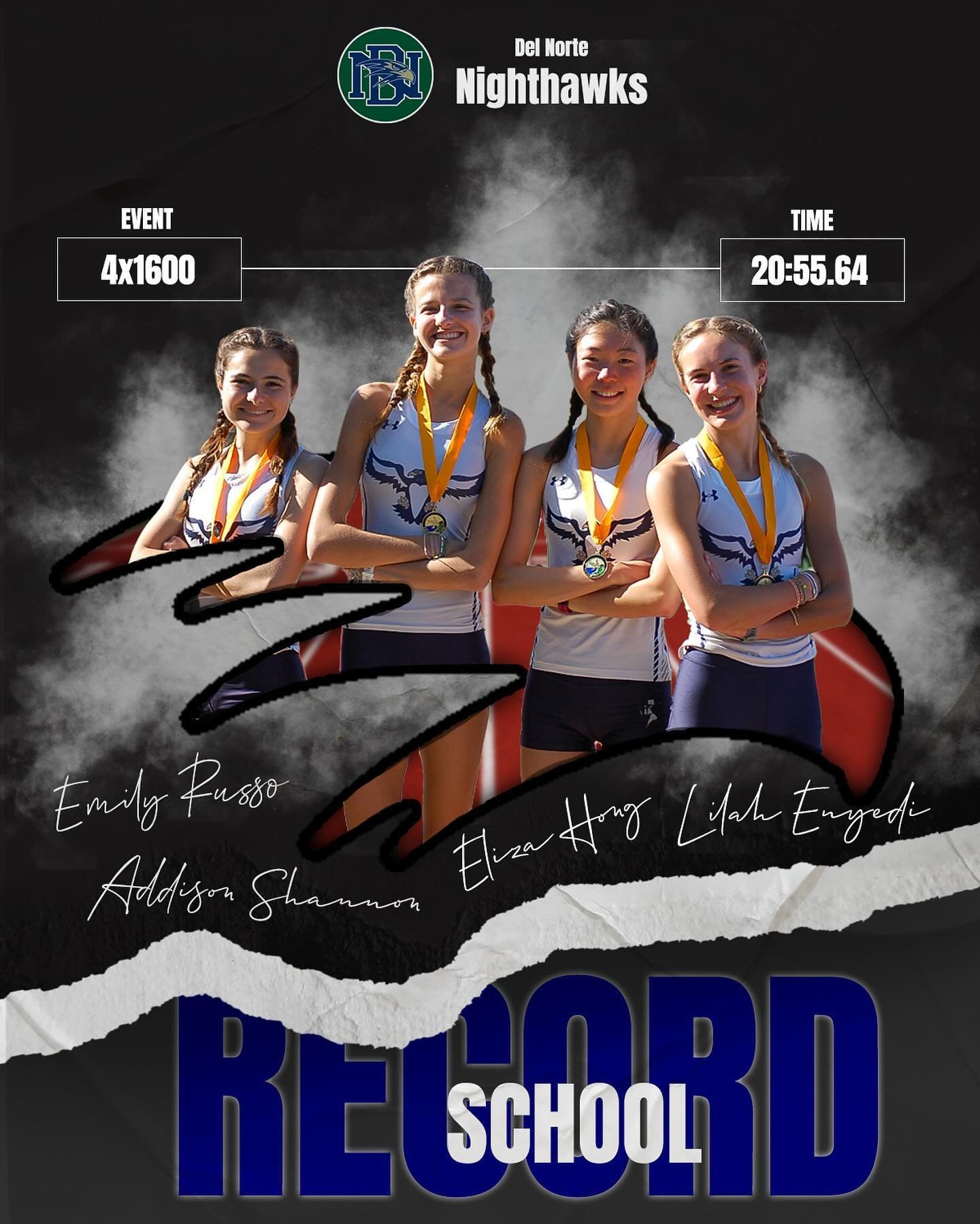 These four Nighthawks set the school record in the 4x1600 meter relay back in March. Their time of 20 minutes 55.64 seconds still stands as #1 in California and #4 in the country for High School girls this season! Huge congrats to them 💙💚