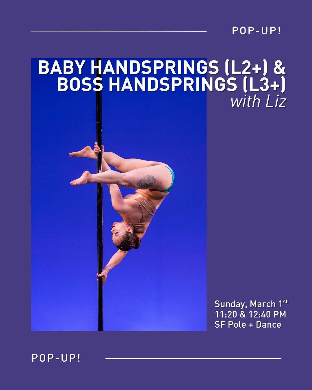 Liz has two handspring class for all your handspring needs! Join @busy.lizzy.circus on Sunday, March 1st for for Baby Handsprings (L2+) at 11:20 am &amp; Boss Handsprings (L3+) at 12:40 pm.

 #sfpoleanddance #poleanddancestudios #poledancersofig #bay