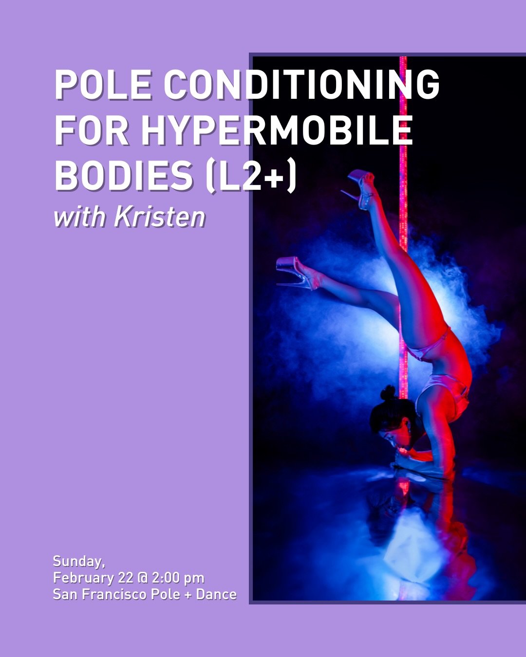 Are you a pole dancer and hypermobile? This class is for you! Join Kristen (@kristen.moves) on Sunday, February 22nd at 2:00 pm. This specialty class is designed for students who experience elbow forearm or wrist discomfort, especially those with hyp