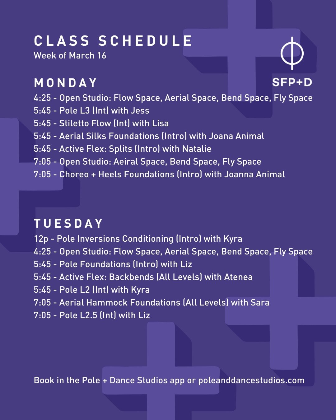 Check out our schedule for the week of March 16th! Book and find up the most up-to-date information in the Pole + Dance App.

 #sfpoleanddance #poleanddancestudios #poledancersofig #bayareapole #sfpoledance