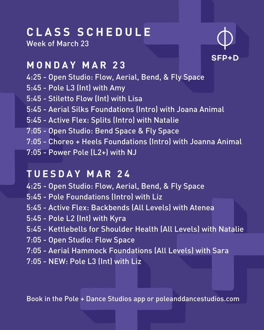 Check out our schedule for the week of March 23rd, including New Classes Pole L3 (Int) with Liz (@busy.lizzy.circus) and Virtual Intro to Contortion (Adv) with Amy (@amysunshine007)!

Book and find up the most up-to-date information from subs to clas