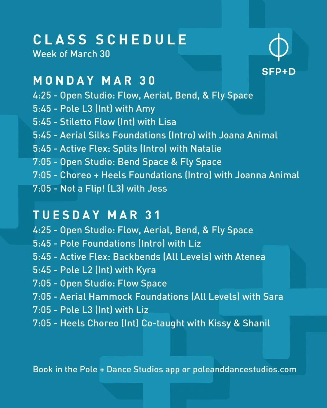 Check out our schedule for the week of March 23rd, including New *FREE* Virtual Active Flex (All Levels) with Amy on Sundays at 8:40 am!

Book and find up the most up-to-date information from subs to class cancelations in the Pole + Dance App.

#sfpo
