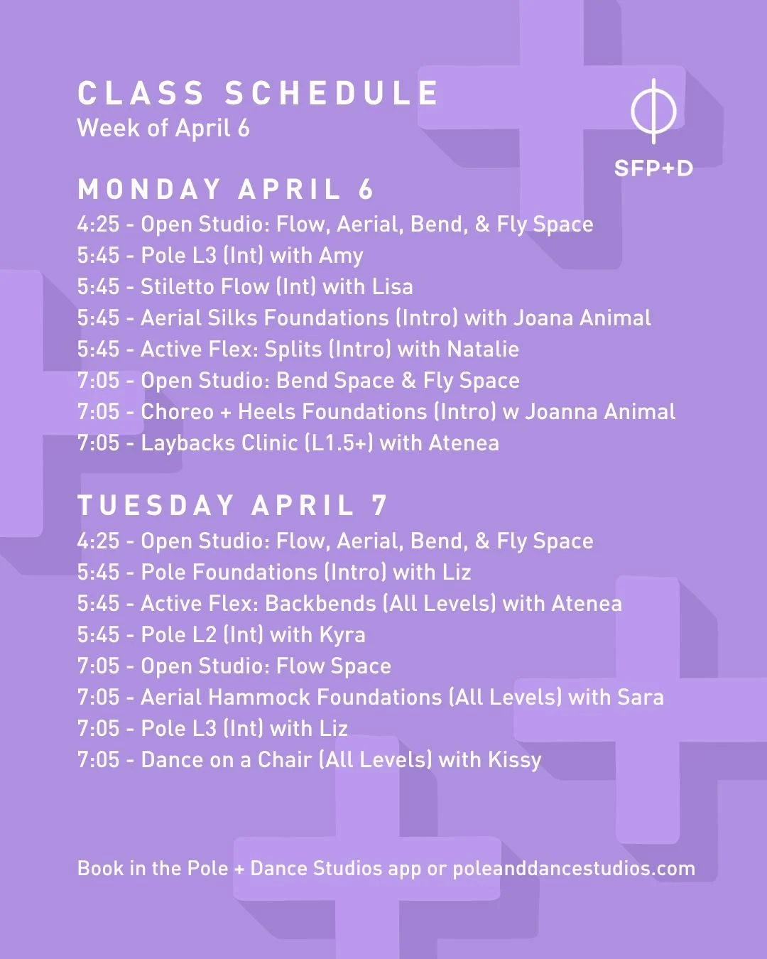Check out our schedule for the week of April 6th, including our performance series, Allison (@aerialallisondances)'s takeover, &amp; Aerial + Pole Spring Jam with Kissy (@kissywan)!

Book and find up the most up-to-date information from subs to class