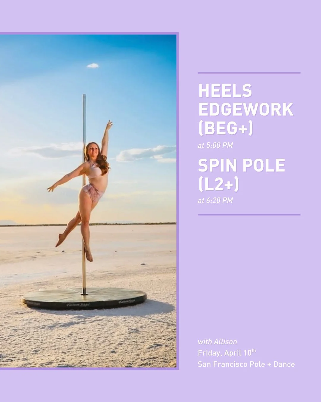 Pole + Dance legend Allison is coming back to SF! Join @aerialallisondances on Friday, April 10th for:

Heels Edgework with Allison (Beg+) at 5:00 pm.
Spin Pole Combos with Allison (L2+) at 6:20 pm.

See you there!

 #sfpoleanddance #poleanddancestud