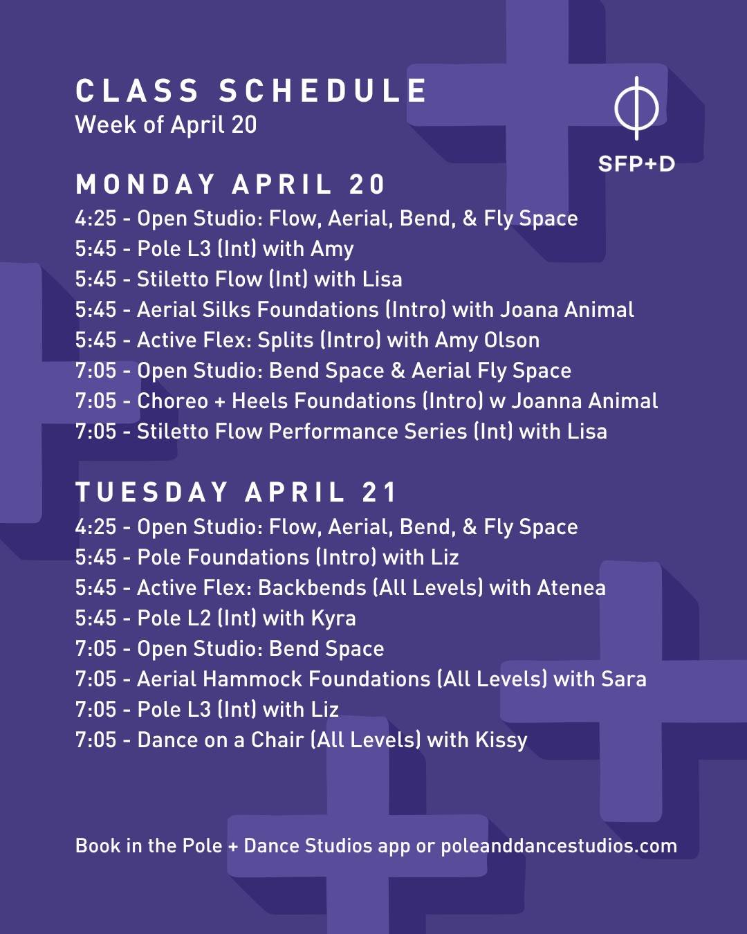 Check out our schedule for the week of April 20th!

Book and find up the most up-to-date information from subs to class cancelations in the Pole + Dance App.

#sfpoleanddance #poleanddancestudios #poledancersofig #bayareapole #sfpoledance