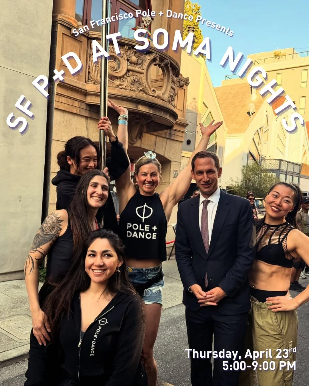 We're back! SF Pole + Dance is running a booth at SOMA Nights again and we will have a pole stage! Join us on Thursday, April 23rd from 5-9pm. Interested in performing? No need to sign up, just show up!

#sfpoleanddance #poleanddancestudios #poledanc