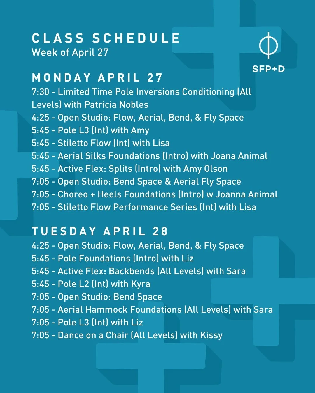 Check out our schedule for the week of April 27th!

Book and find up the most up-to-date information from subs to class cancelations in the Pole + Dance App.

#sfpoleanddance #poleanddancestudios #poledancersofig #bayareapole #sfpoledance
