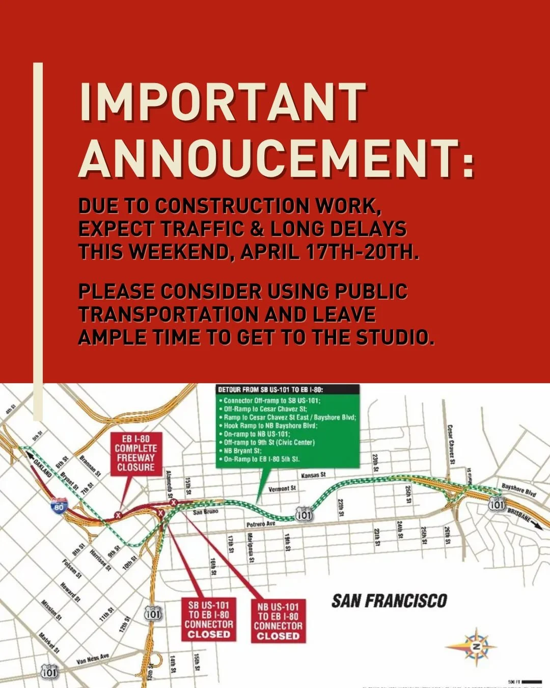 🚨 Important Announcement, SF Pole + Dance! 🚨 The eastbound side of I-80 between 17th and Fourth streets will be fully closed from April 17 at 11 p.m. until April 20 at 6 a.m. 

Please consider using public transportation and leave ample time to get