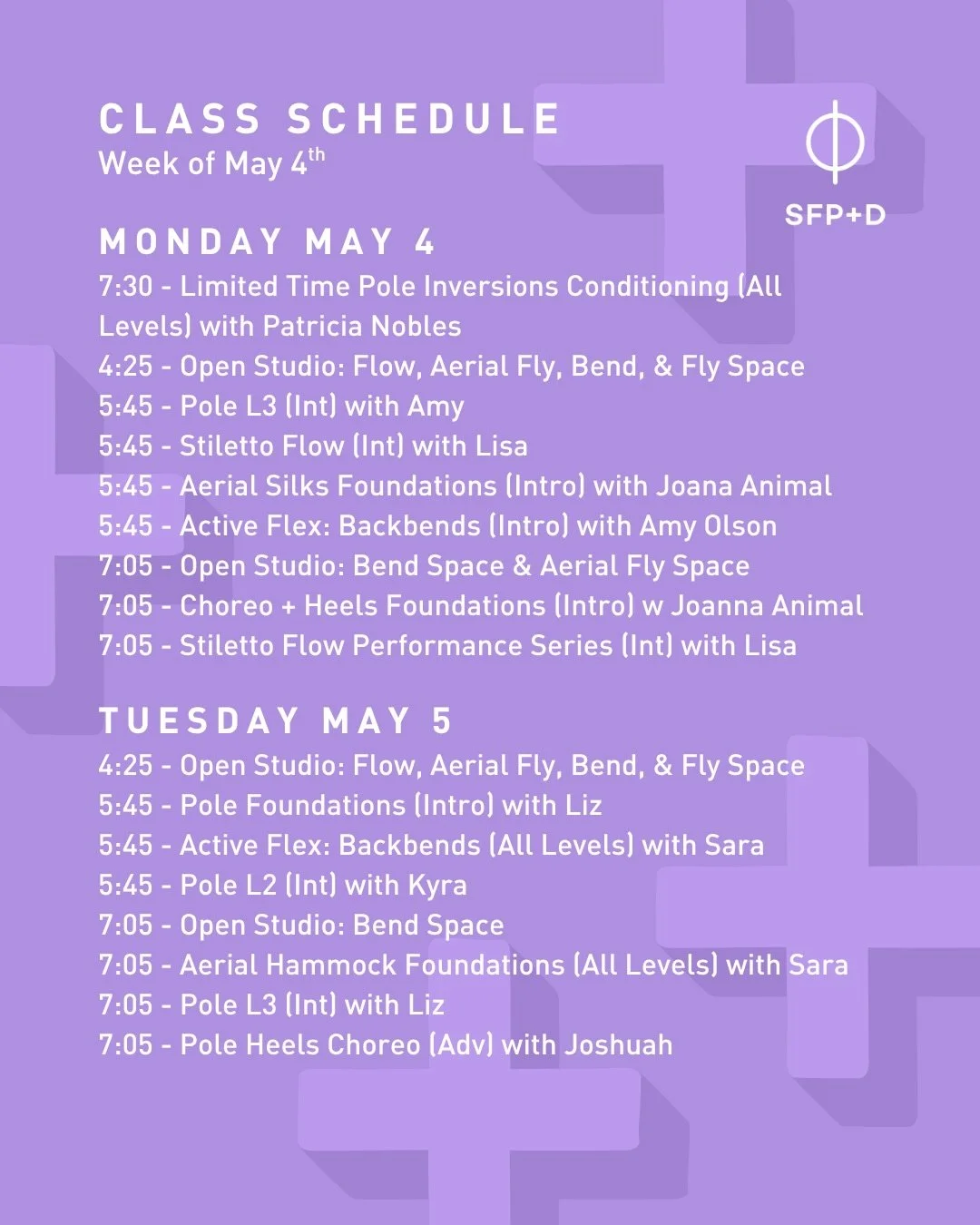 Check out our schedule for the week of May 4th, including TWO intensives: Handstands Deep Dive: Mastering the Entrance (Int) with Mackenzie (@laidy_foxx) on Thursday, May 7th at 5:00 pm &amp; Spatchcock Clinic (L3+) with Anne B (@poletential.movement