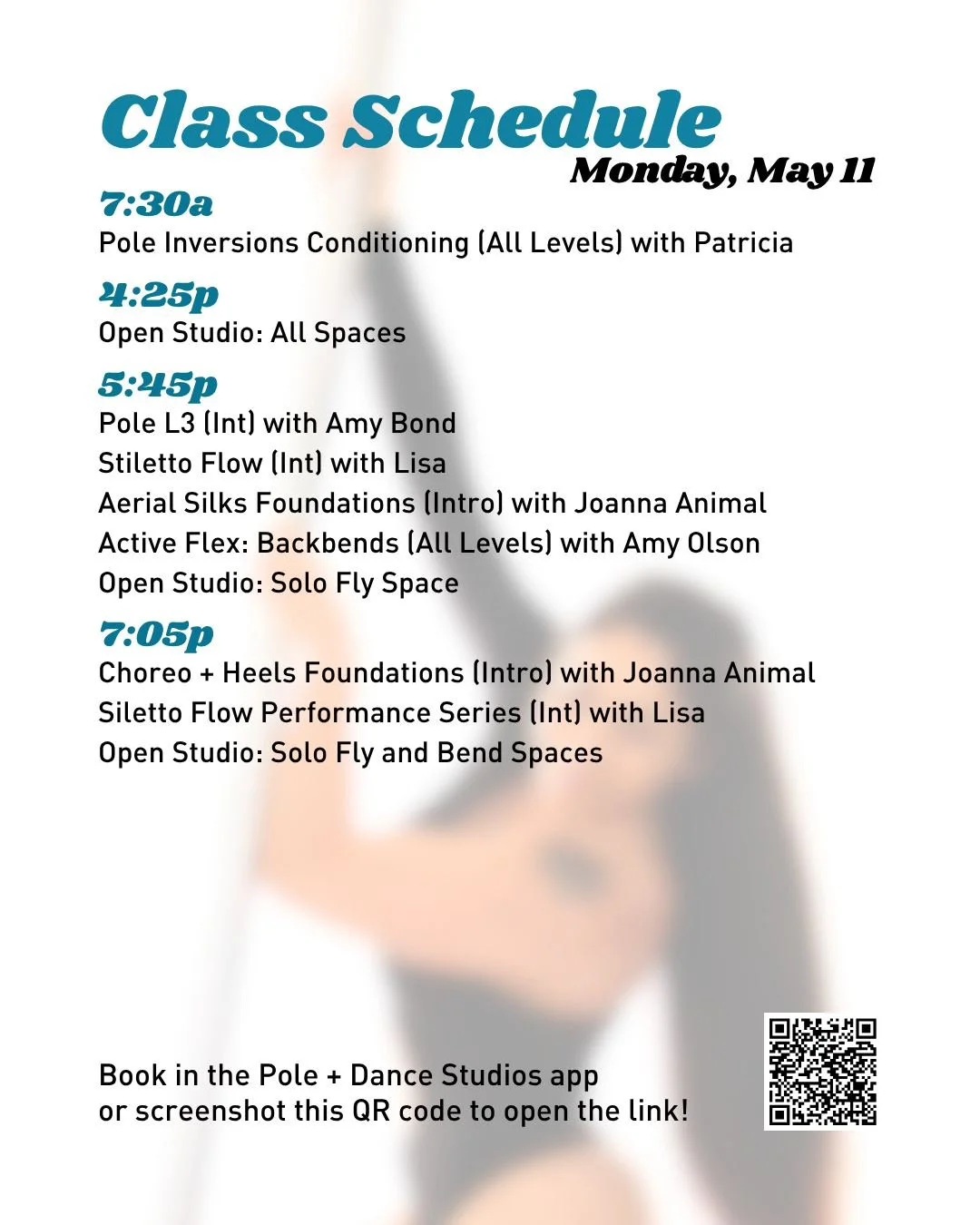 Check out our schedule for the week of May 11th!

Book and find up the most up-to-date information from subs to class cancelations in the Pole + Dance App.

#sfpoleanddance #poleanddancestudios #poledancersofig #bayareapole #sfpoledance
