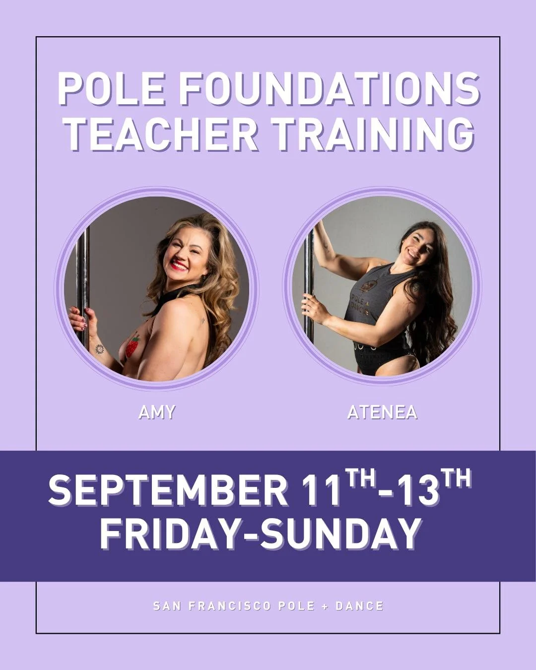 Spend a weekend learning what it takes to become a Pole Foundations instructor! Join Amy (@amysunshine007) &amp; Atenea (@ateneaspins) on Friday, September 11th from 6:00-8:00 pm, and on Saturday &amp; Sunday, September 12th &amp; 13th from 10:00 - 5