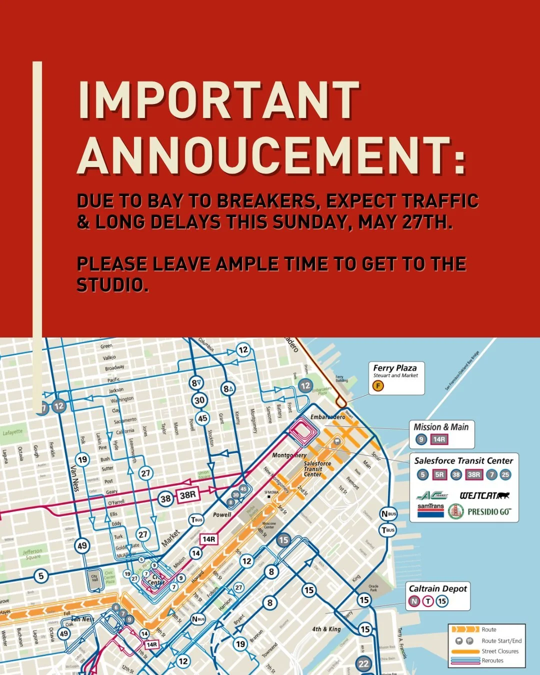 🚨 Important Announcement, SF Pole + Dance! 🚨 Due to Bay to Breakers happening tomorrow&mdash;Sunday, May 17th&mdash;expect traffic, road closures, and difficulty getting to the studio.

Please leave ample time to get to the studio.

Image credit: S