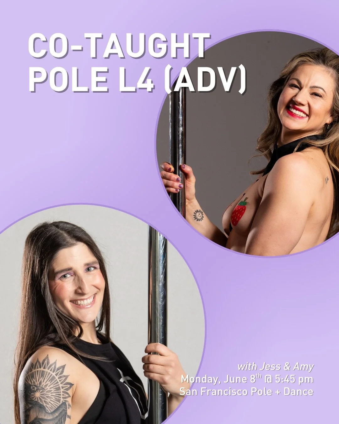 Two instructors are more fun than one! Join Jess (@jazzabelle_jess) &amp; Amy (@amysunshine007) on Monday, June 8th at 5:45 pm for this Co-Taught Pole L4 (Adv).

 #sfpoleanddance #poleanddancestudios #poledancersofig #bayareapole #sfpoledance