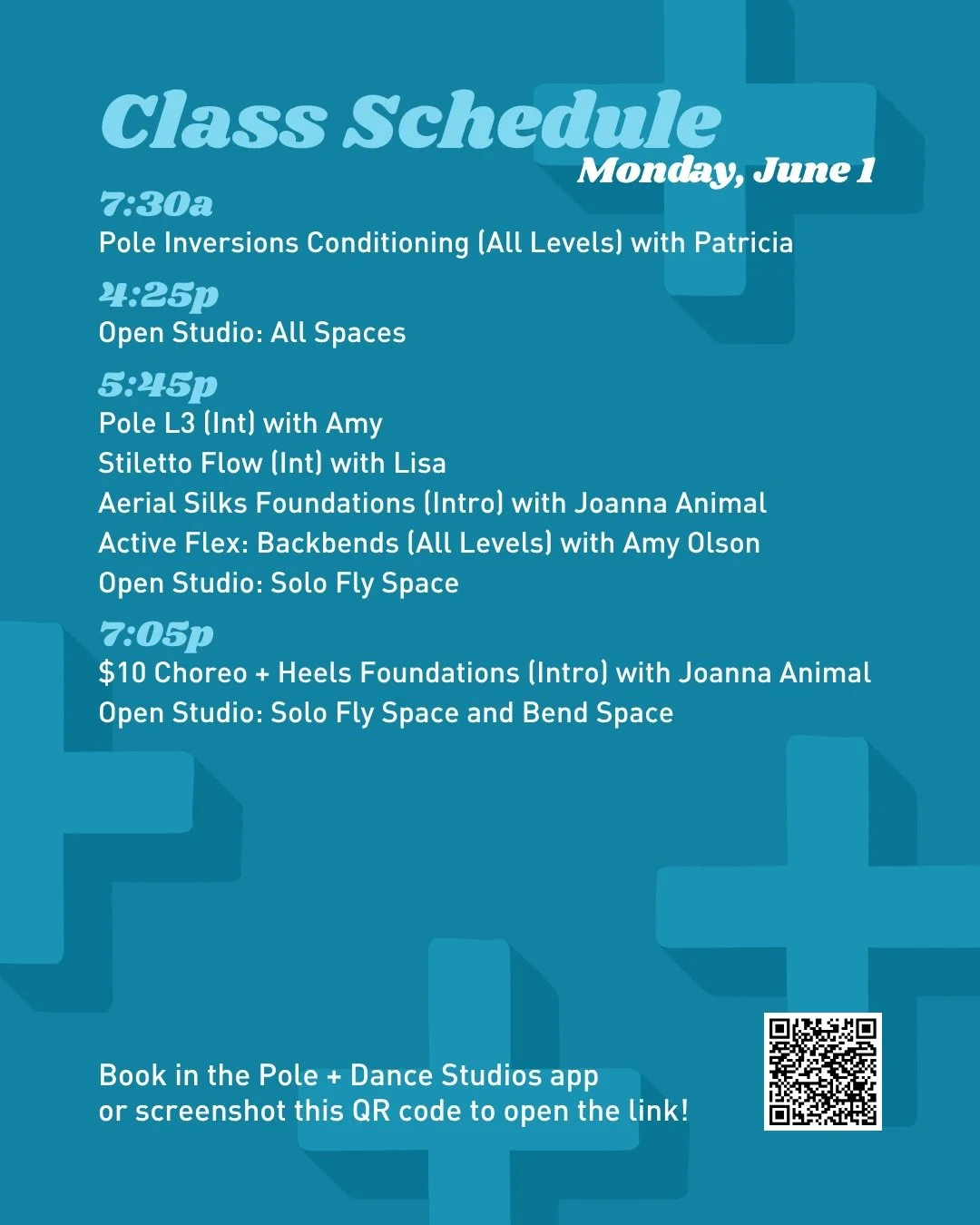 Check out our schedule for the week of June 1st, including:
- Co-Pilot Pole L2 (Int) with Kyra (@pole.o.roids) &amp; Nicole (@peppermintpattypole) on Tuesday, June 2nd at 5:45 pm
- Deep Dive: Handstands + Balance Intensive (Int) with Mackenzie (@laid
