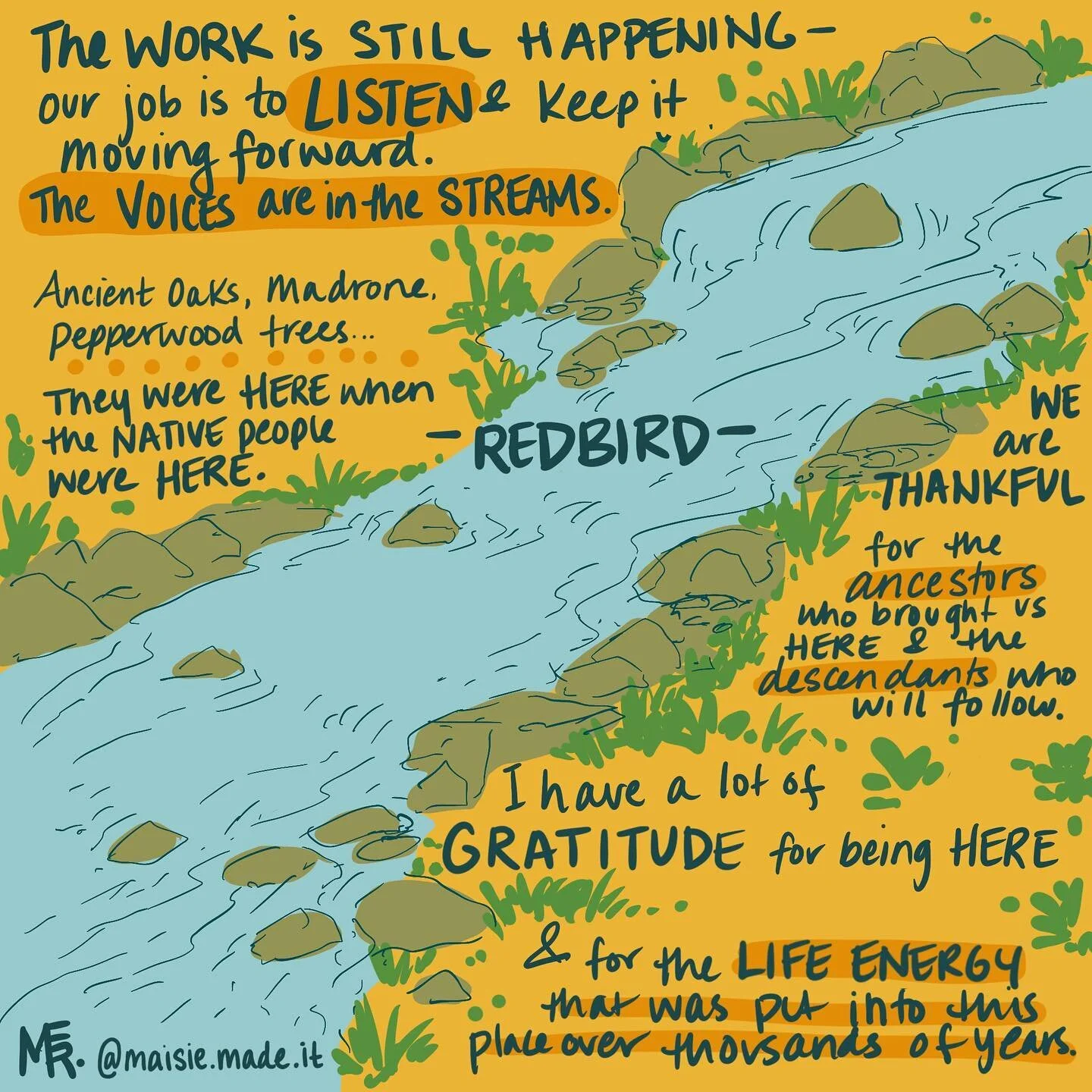 Artist, Maisie Richards, captured reflections from Pomo elder, Redbird Willie of the Cultural Conservancy. Maisie spent time listening to the wants of our community and giving sight to all the dreams and wishes of all our community members. 

 #Shelt