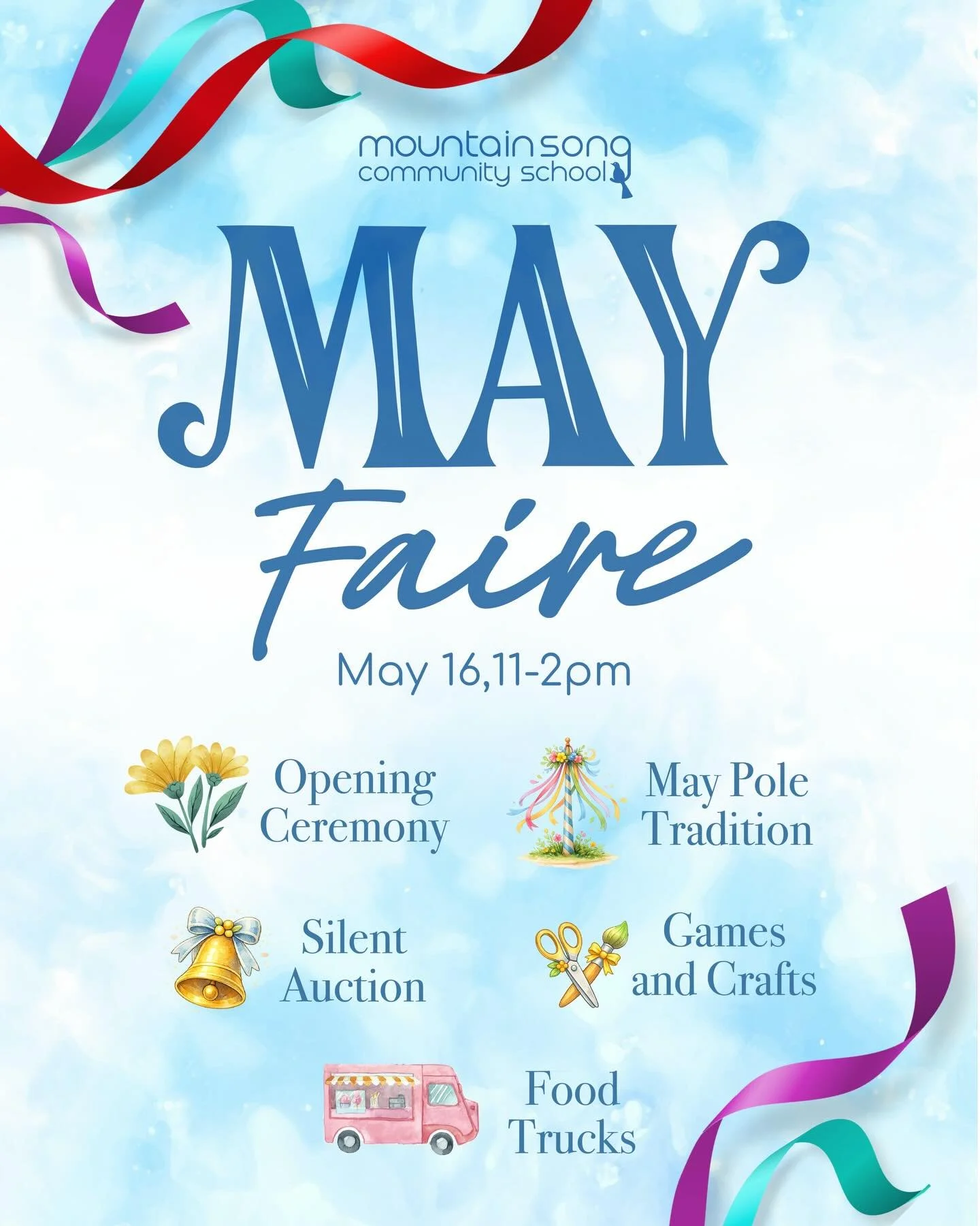 🌸 As the days grow longer and the earth awakens in color and light, Mountain Song Community School invites the community to gather for our annual May Faire. 

Rooted in seasonal traditions and joyful celebration, May Faire is a time of music, moveme
