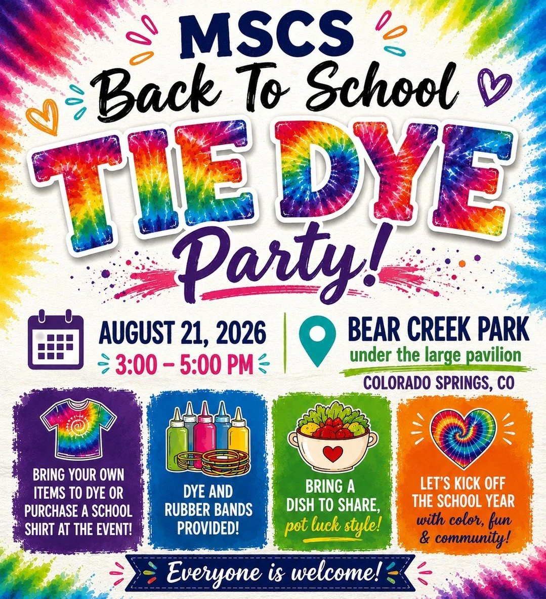 Parent Circle is kicking off the new school year with some COLOR! Join us for the MSCS Back to School Tie Dye Party for an afternoon of tie dye, food, and fun with our school community! 

"Tie-Dye &amp; Potluck in the Park"

Friday, August 