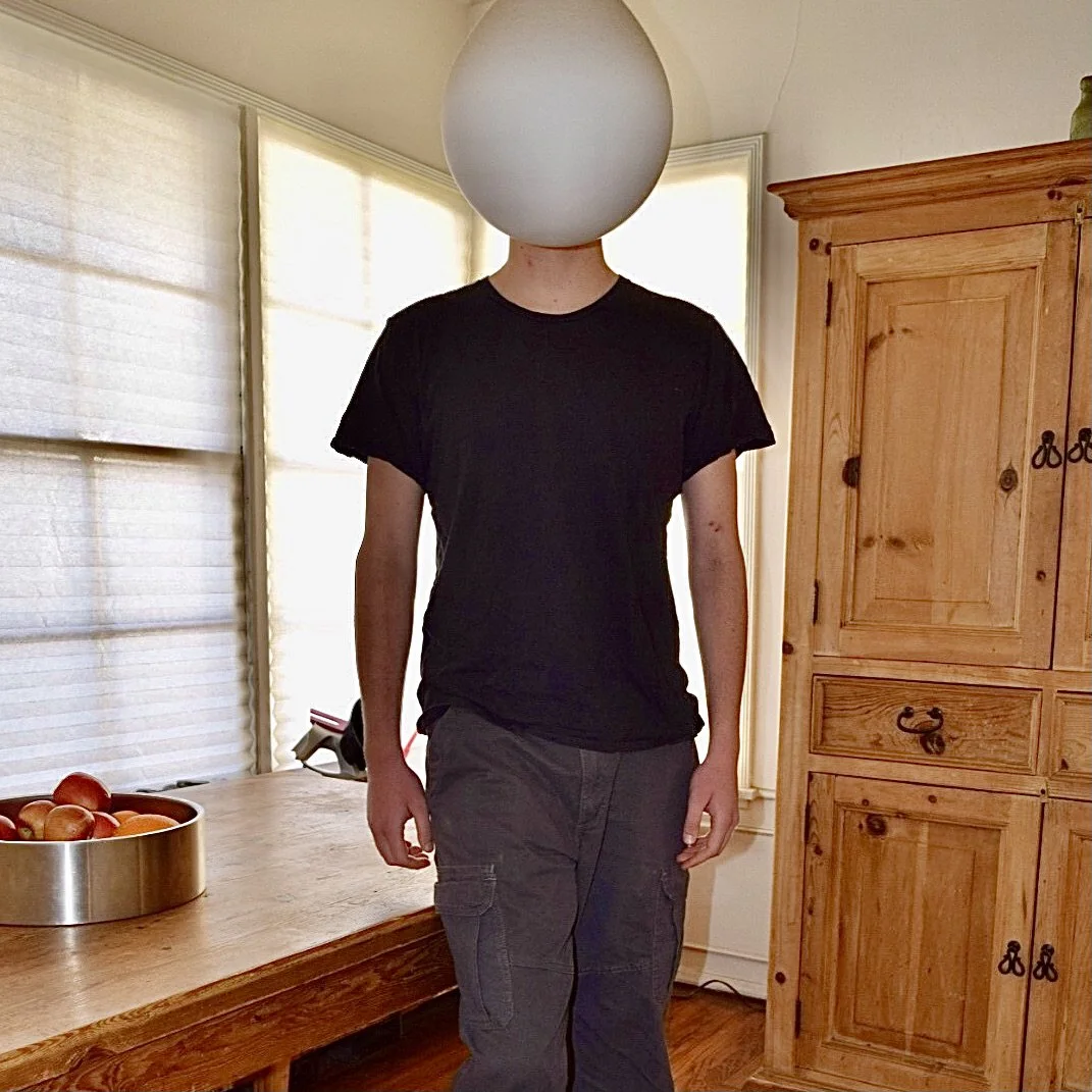 Person with a spherical object covering their head standing indoors near wooden furniture and a bowl of apples.