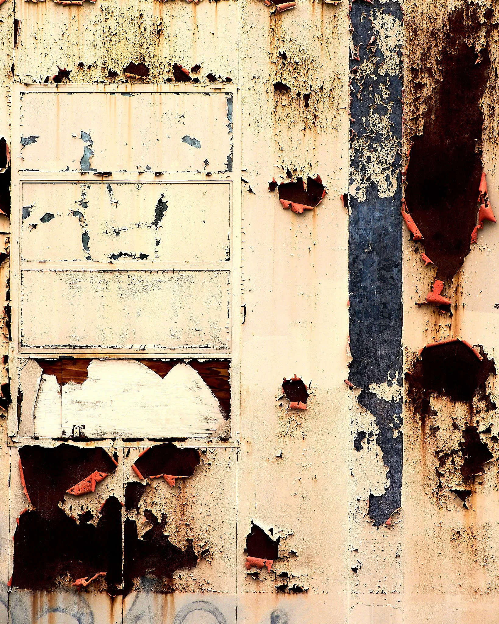 Close-up of a weathered, peeling metal wall with multiple holes and rust patches.