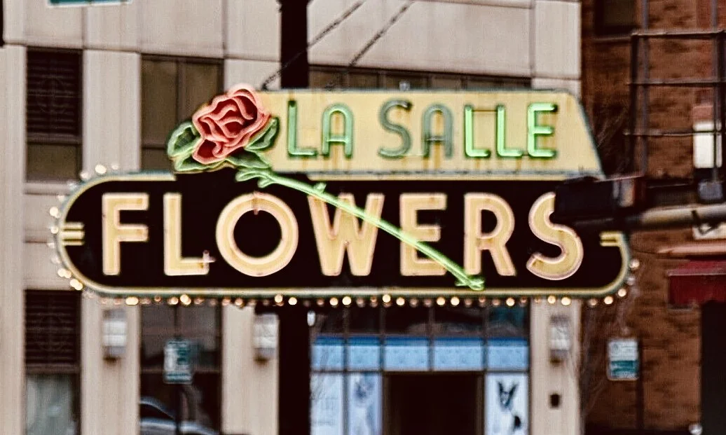 A neon sign for a flower shop called 'La Salle Flowers' with a decorative red flower and green leaves above the text.