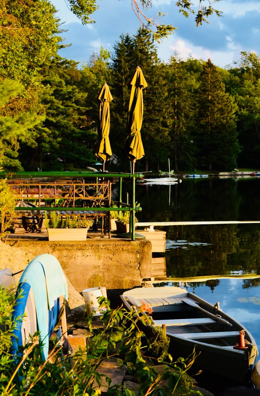A lakeside scene with a dock, boats, patio furniture, and umbrellas surrounded by lush trees.