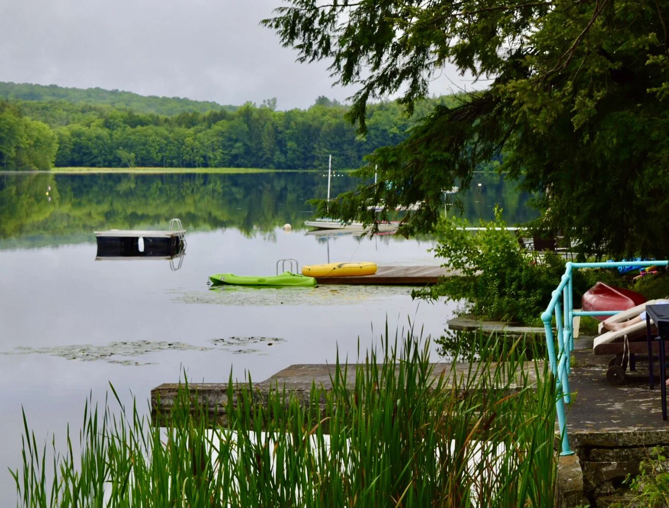 A serene lakeside scene with boats docked on the water, greenery surrounding the lake, and a dock extending into the water, with some kayaks and canoes visible.