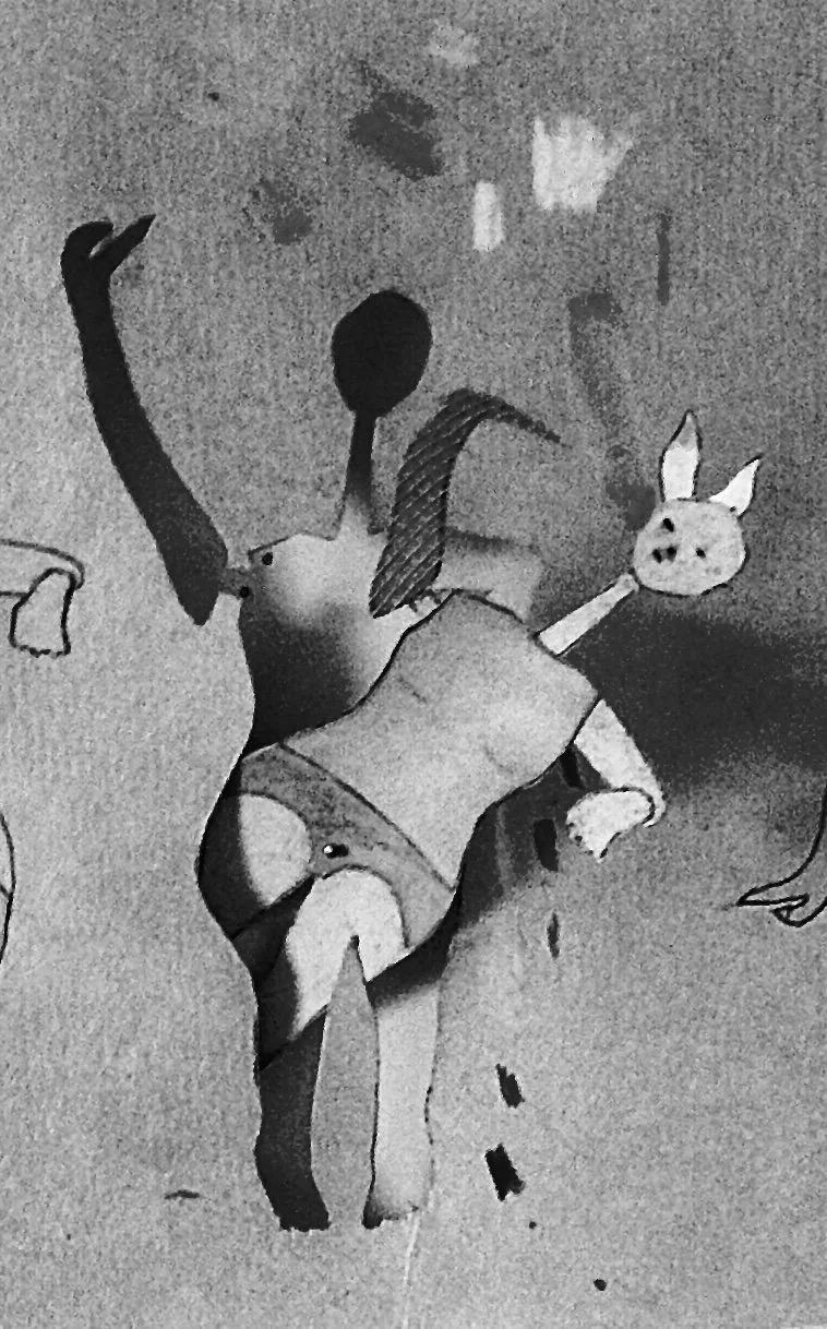 A drawing of a humanoid figure with a rabbit mask, dressed in a shirt and shorts, reaching upward with one arm, surrounded by incomplete sketches and abstract shapes.