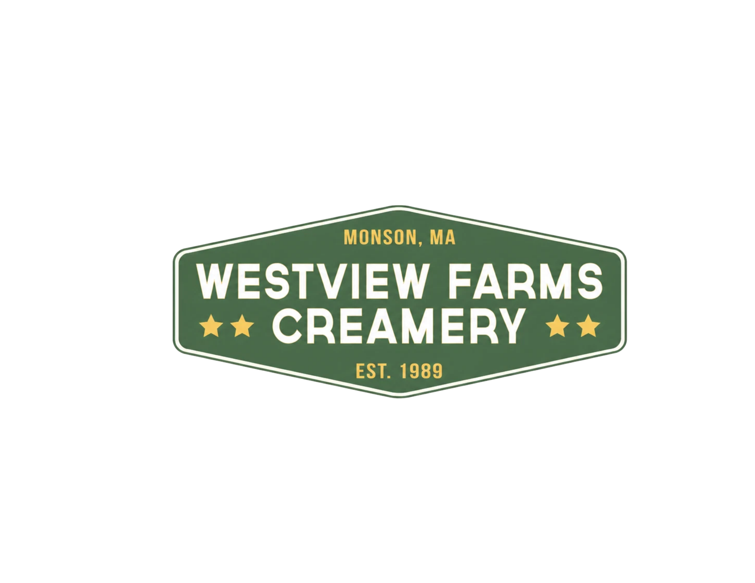 Sign for Westview Farms Creamery in Monson, Massachusetts, established in 1989, with a green background, white text, and gold accents