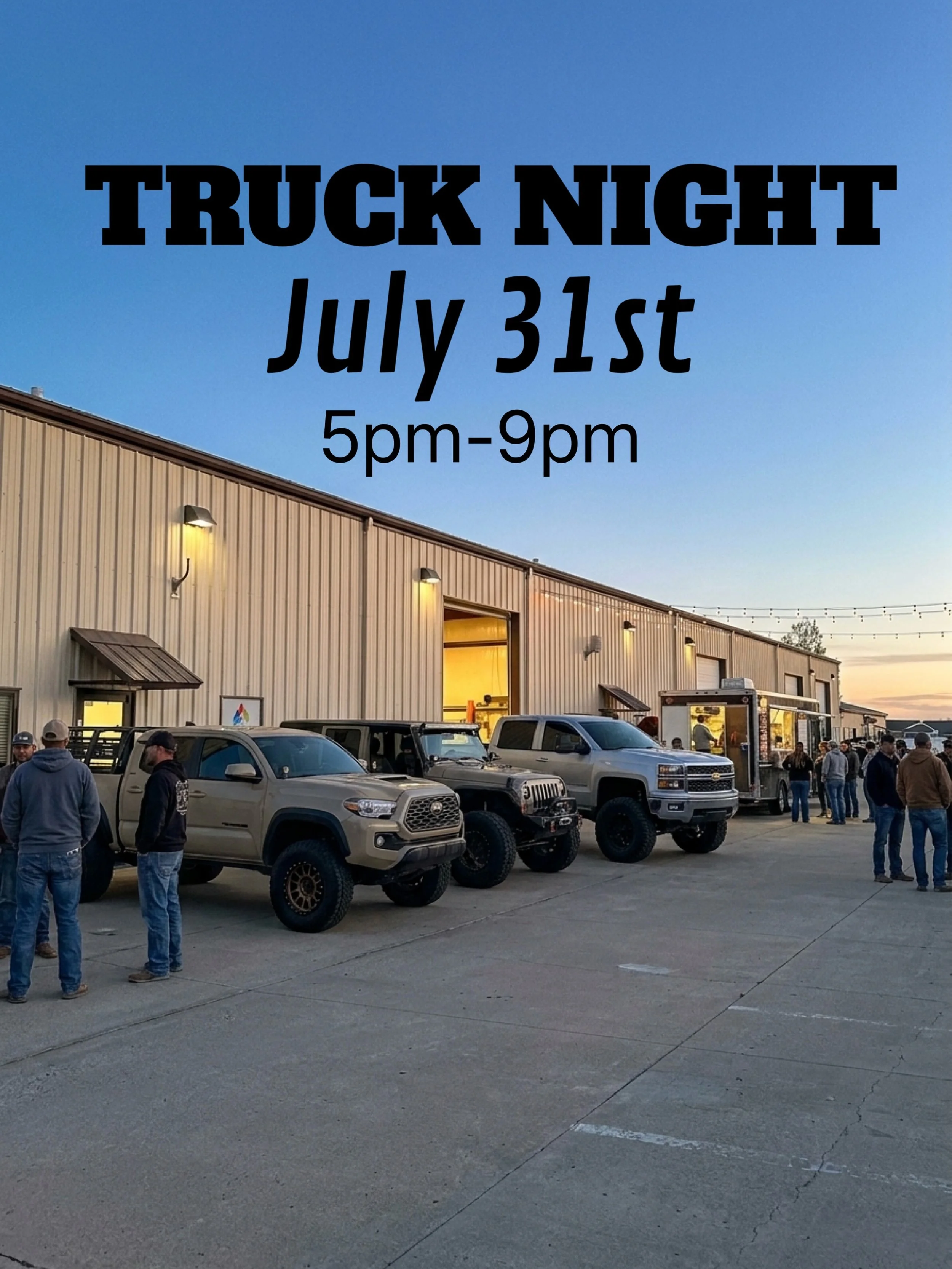 This Friday come hangout and show of your rig! 

Food truck | Toyota tunes | Good company! 

At our shop from 5-9pm 

7917 Red Granite loop, Colorado Springs