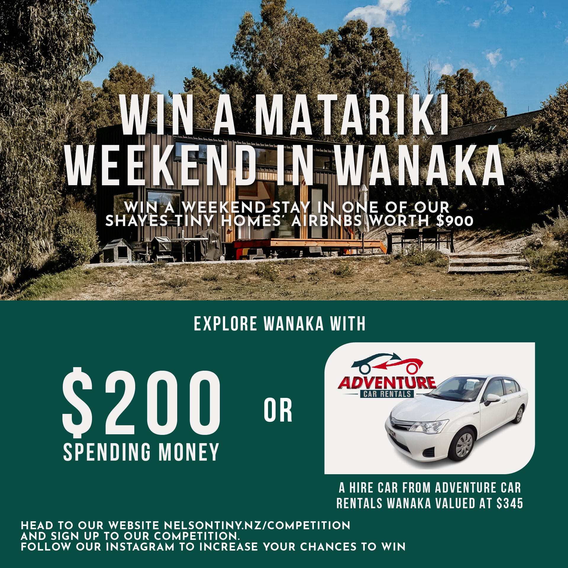 The prize just got sweeter!
You can win not only a weekend away in Wanaka but also either $200 spending money or a hire car from our friends at Adventure Rental Cars Wanaka New Zealand
T&amp;Cs apply
Visit link in bio to sign up
(Double your chances 