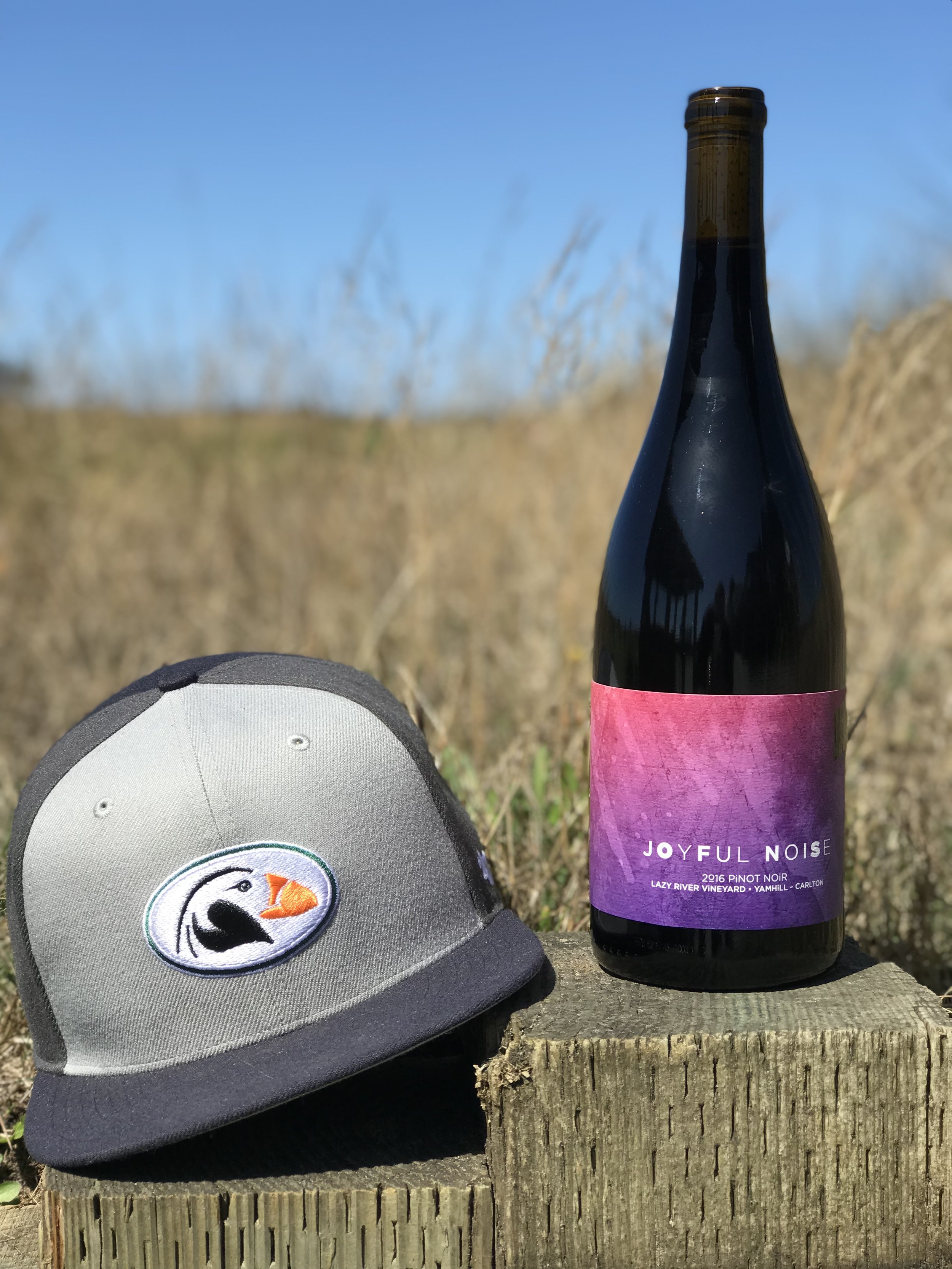 Bottle of Joyful Noise wine and a baseball cap
