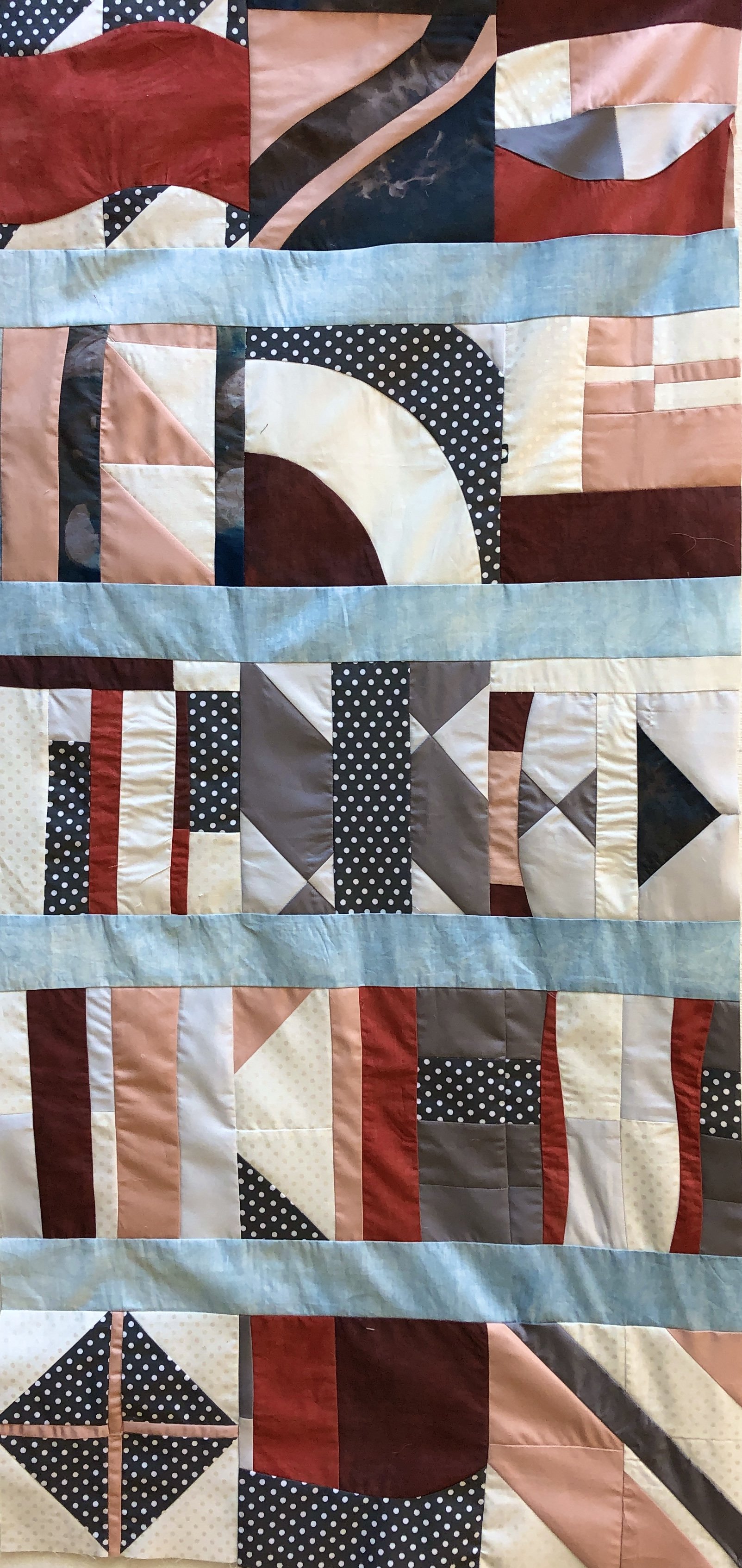 Abstract Quilt - made with hand dyed fabric (using indigo dye), store bought fabric, and cyanotype cloth